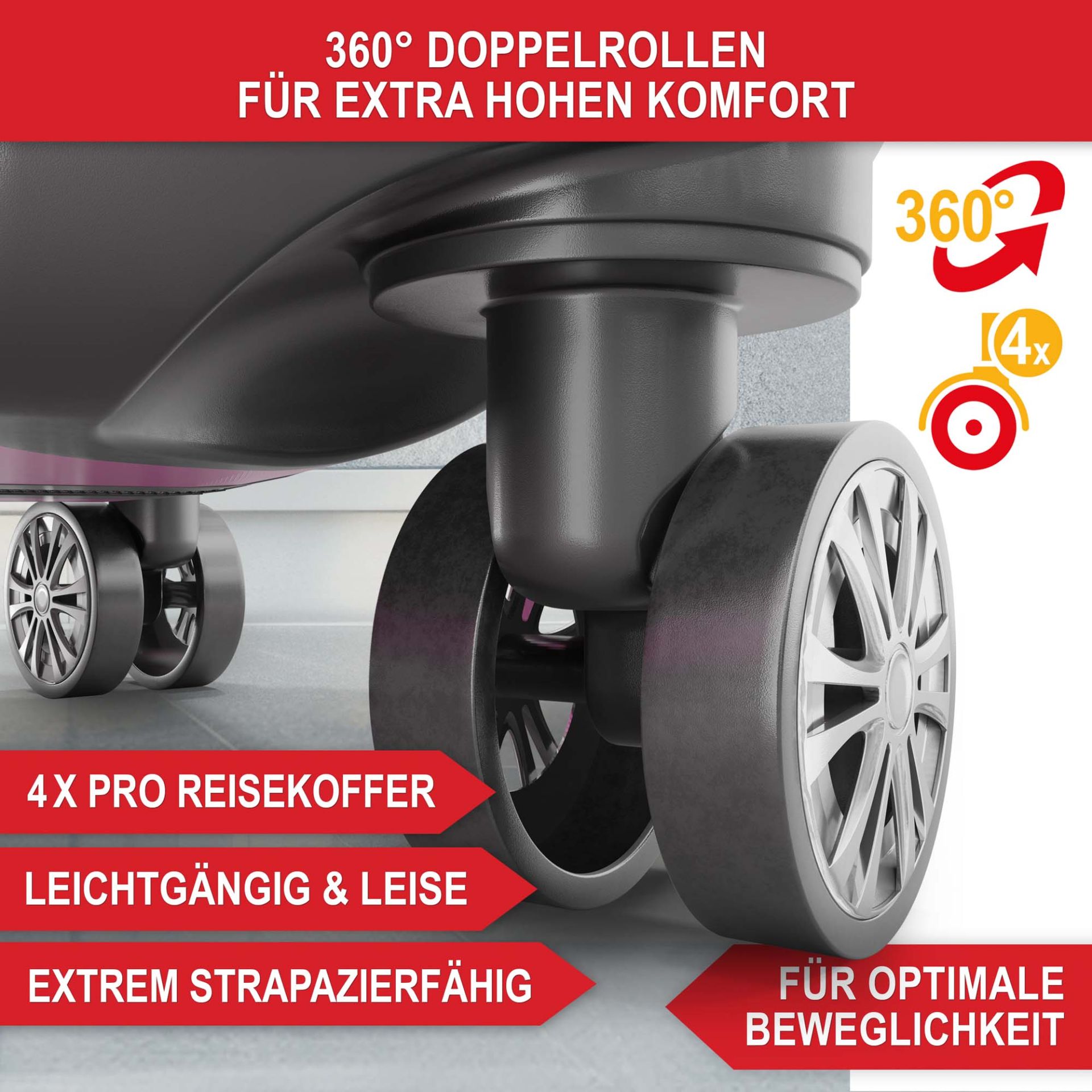 Hartschalenkofferset pink - 360 Grad Doppelrollen für extra hohen Komfort; 4 pro Reisekoffer; leichtgängig und leise; extrem strapazierfähig; für optimale Beweglichkeit