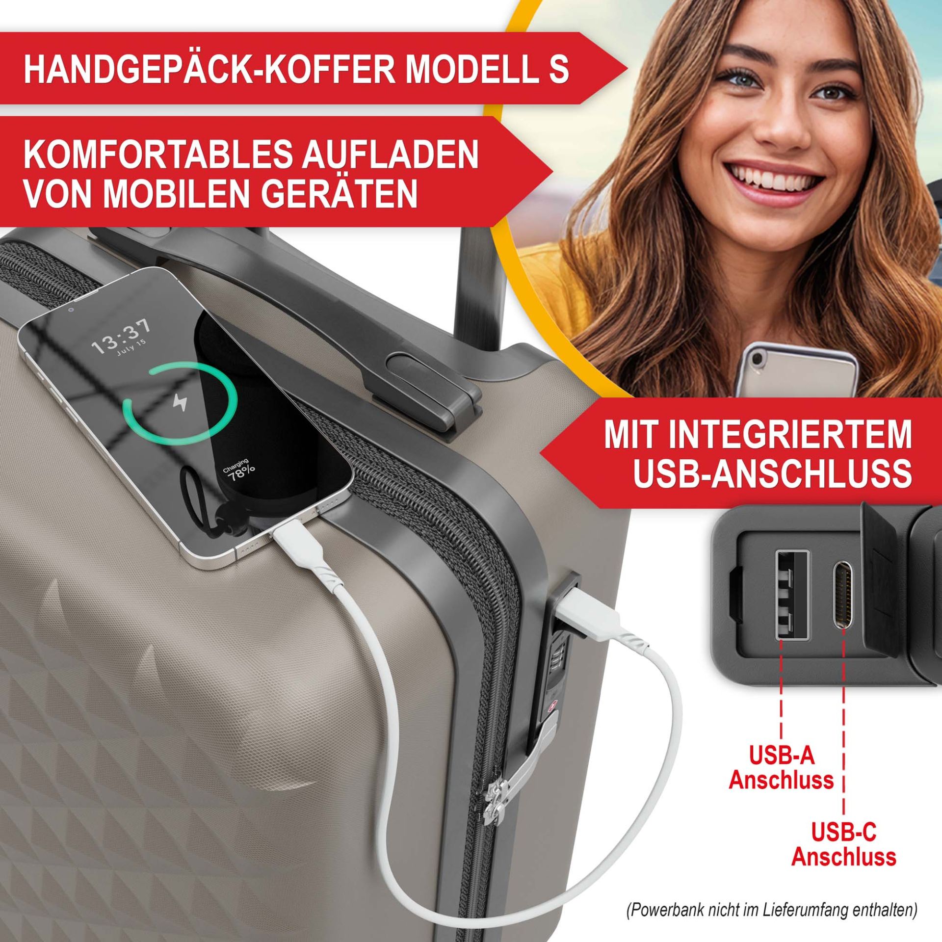 Hartschalenkofferset Champagner - Handgepäckkoffer Modell S, komfortables aufladen von mobilen Geräten mit integriertem USB-Anschluss