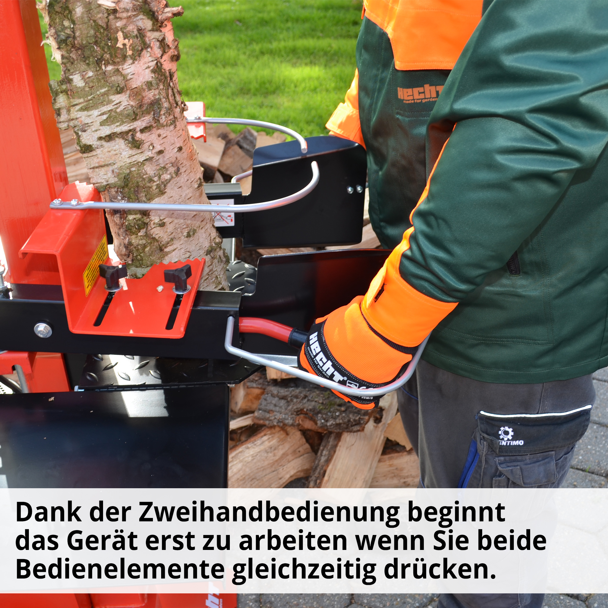 Holzspalter; Zweihandbedienung für hohe Sicherheit