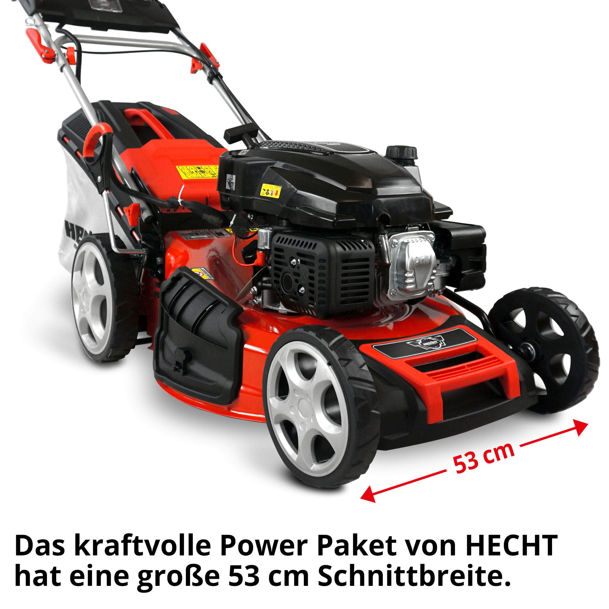 HECHT 5-in-1 Benzin-Rasenmäher mit 53 cm Schnittbreite, Elektrostart, Radantrieb und großem 75 Liter Fangkorb