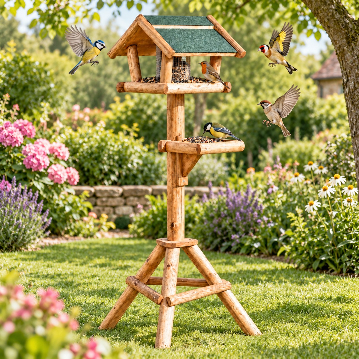 zooprinz Vogelhaus Bird Farm mit Ständer und Futtersilo im Garten (Dieses Bild wurde mit Hilfe von KI generiert.)