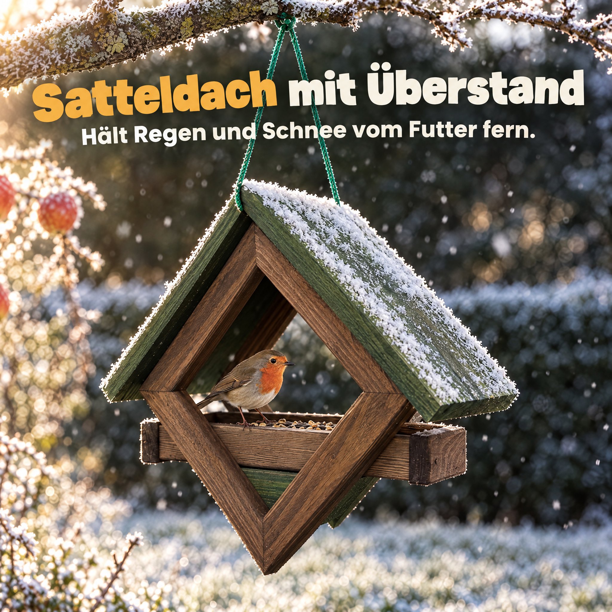 Birdy Bar Dach Braun-Grün: Hält Regen und Schnee sicher vom Futter fern (Dieses Bild wurde mit Hilfe von KI generiert.)