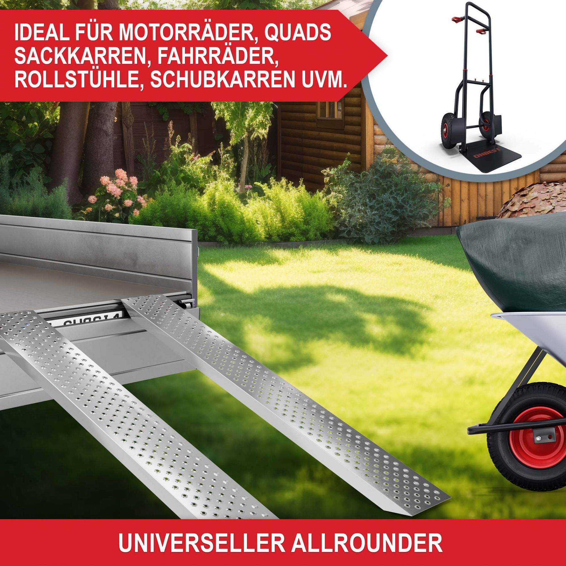 Auffahrrampen - Ideal für Motorräder, Quads, Sackkarren, Fahrräder, Rollstühle, Schubkarren