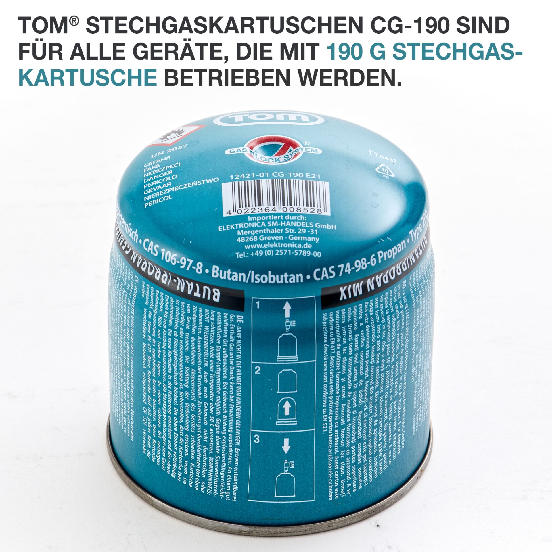 TOM CG-190 Butan Gas für alle Geräte, die mit 190 Gramm Stech-Gaskartuschen kompatibel sind TOM CG-190 Butan Gas für alle Geräte, die mit 190 Gramm Stech-Gaskartuschen kompatibel sind
