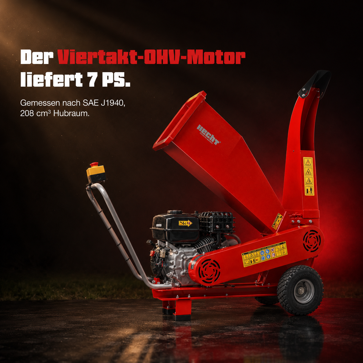 Leistungsstarker HECHT Holzhäcksler mit 7 PS starkem 4-Takt-Motor (Dieses Bild wurde mit Hilfe von KI generiert.)