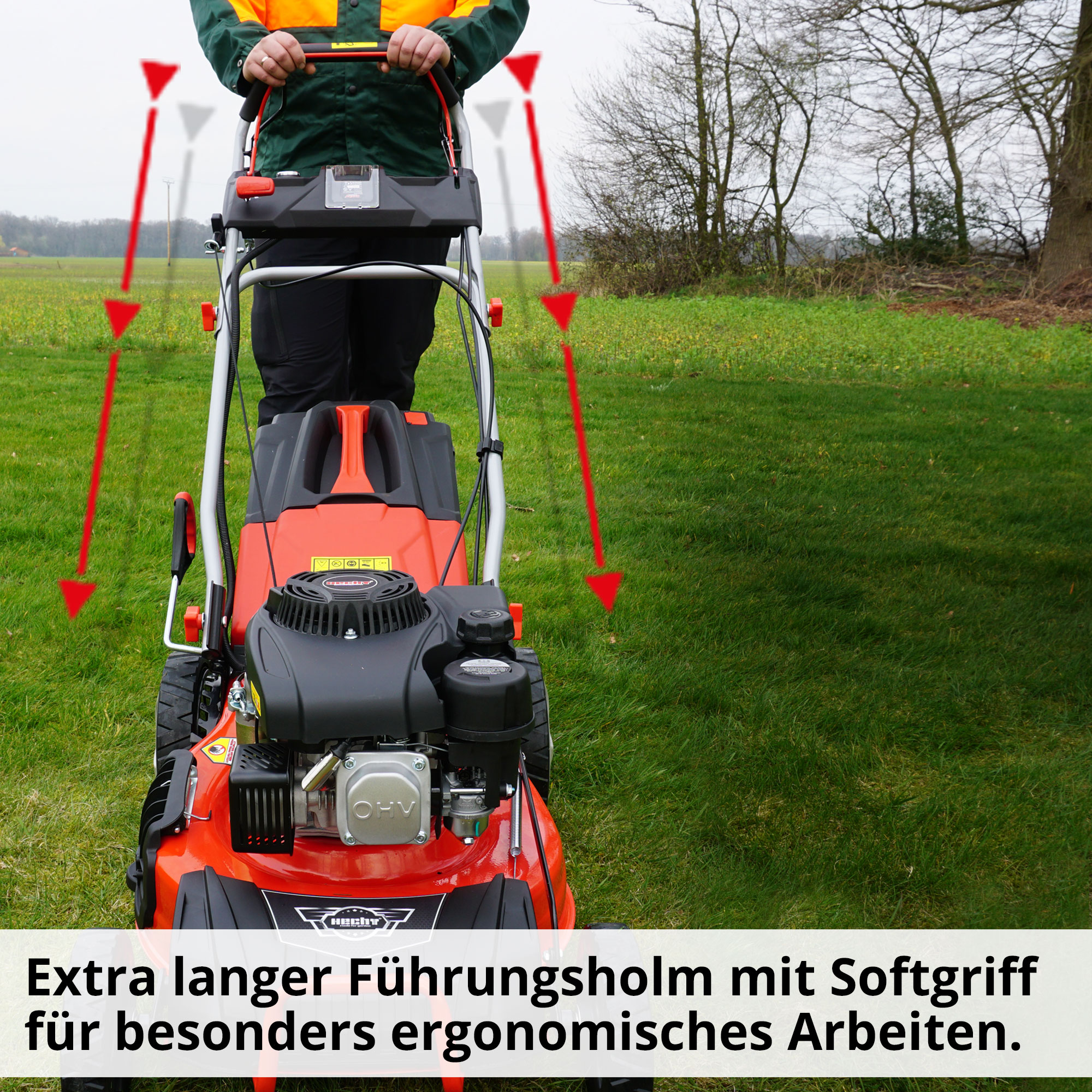 Benzin-Rasenmäher mit Extra langem Führungsholm auch für besonders große Personen und Softgriff  (Dieses Bild wurde mit Hilfe von KI generiert.)