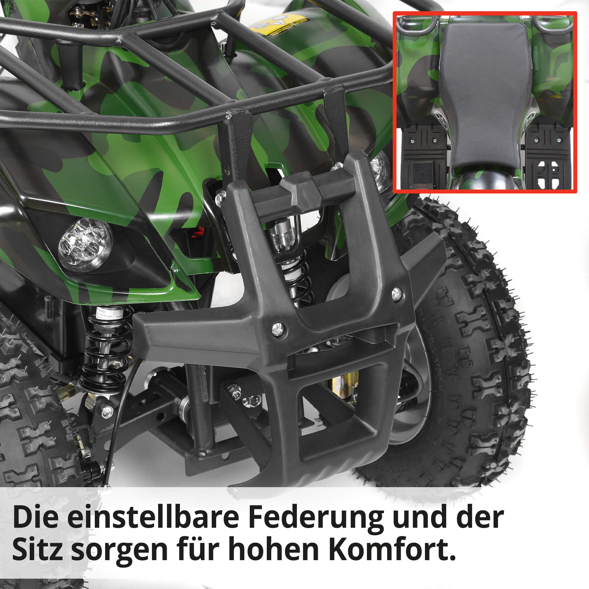 Hecht 56100 Army QUAD; Die einstellbare Federung und der Sitz sorgen für hohen Komfort