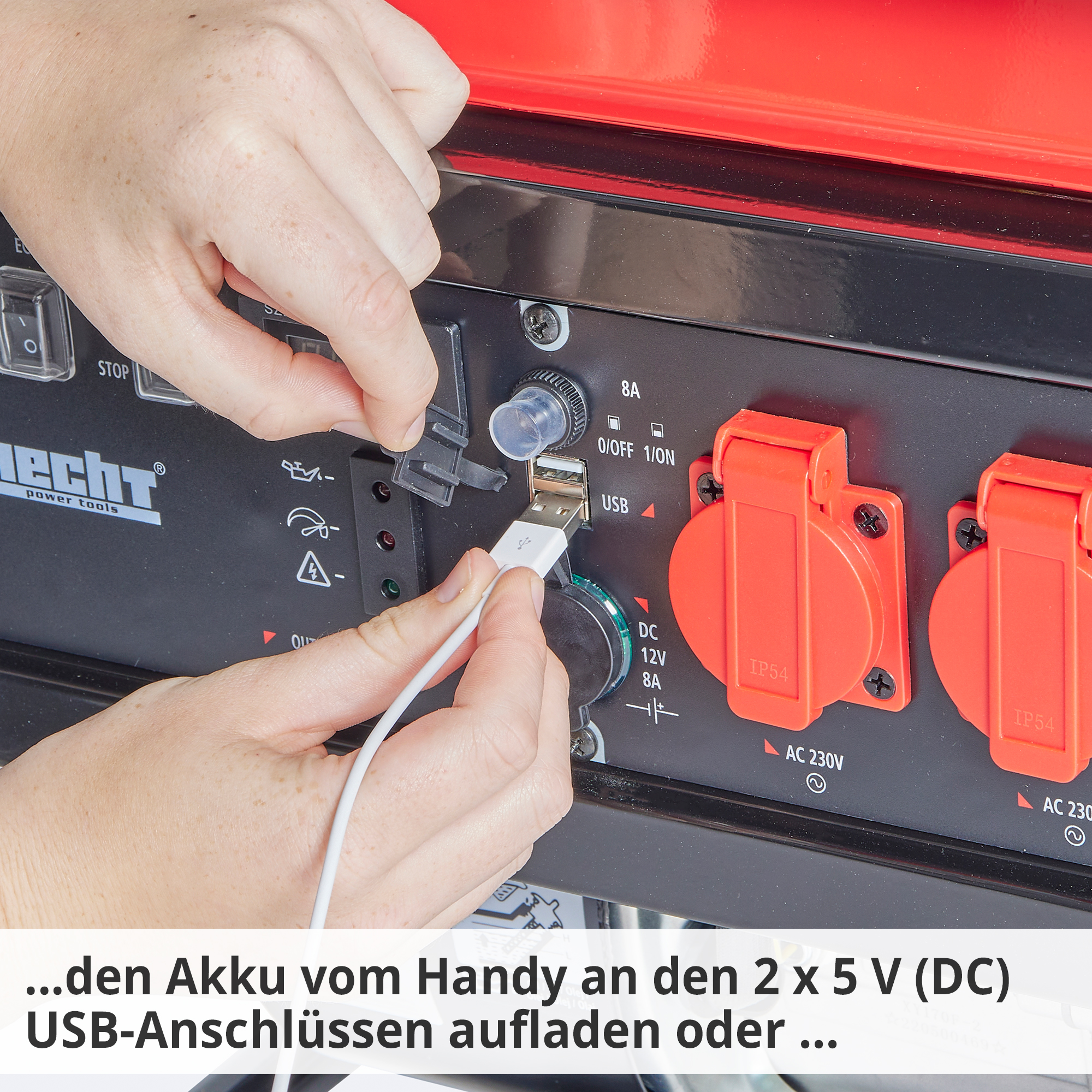 Hecht IG 3601 Inverter Benzin Notstromaggregat; Den Akku vom Handy an den 2mal 5 Volt USB-Anschlüssen aufladen 