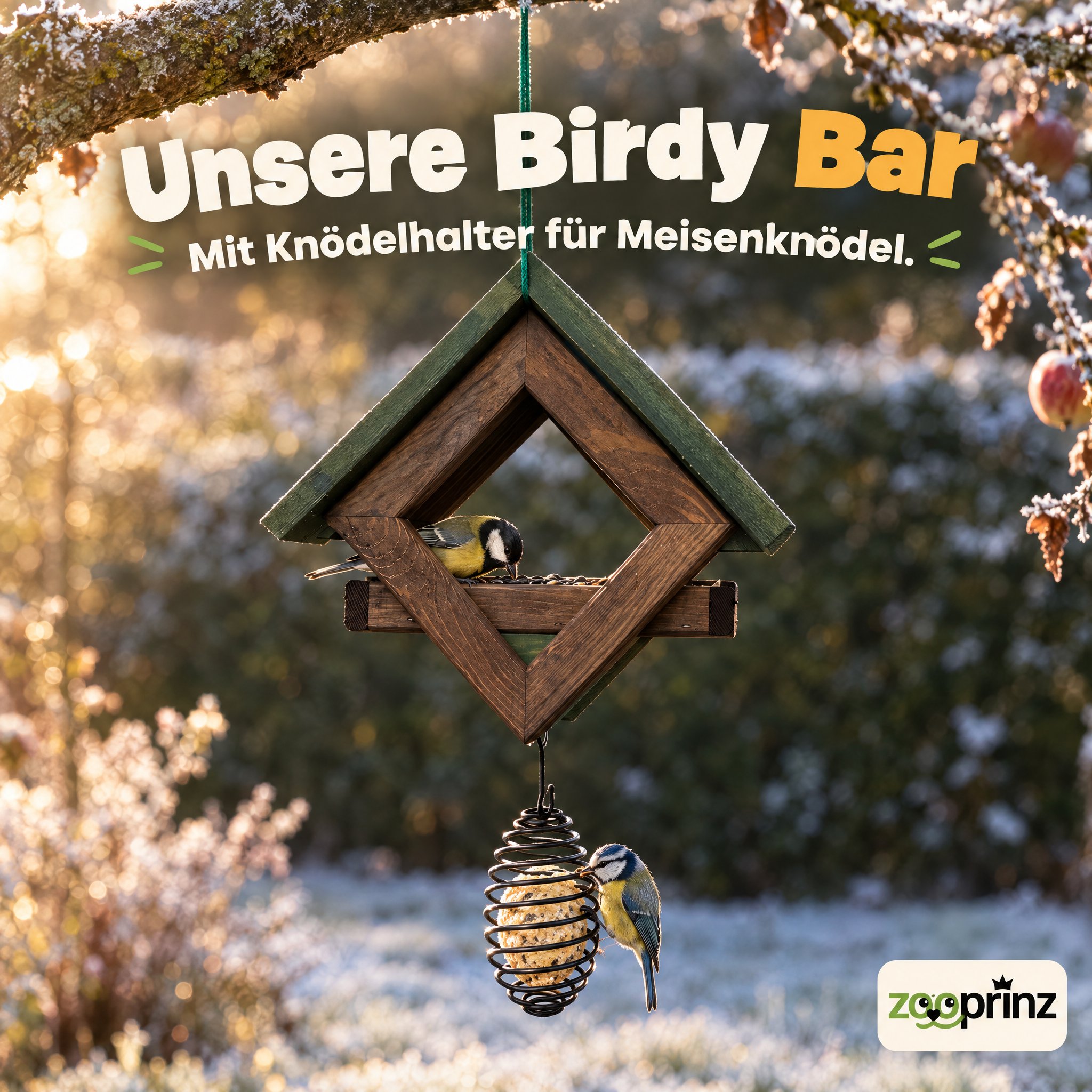 Birdy Bar Braun-Grün: Futterhaus mit zusätzlichem Halter für Meisenknödel. (Dieses Bild wurde mit Hilfe von KI generiert.)