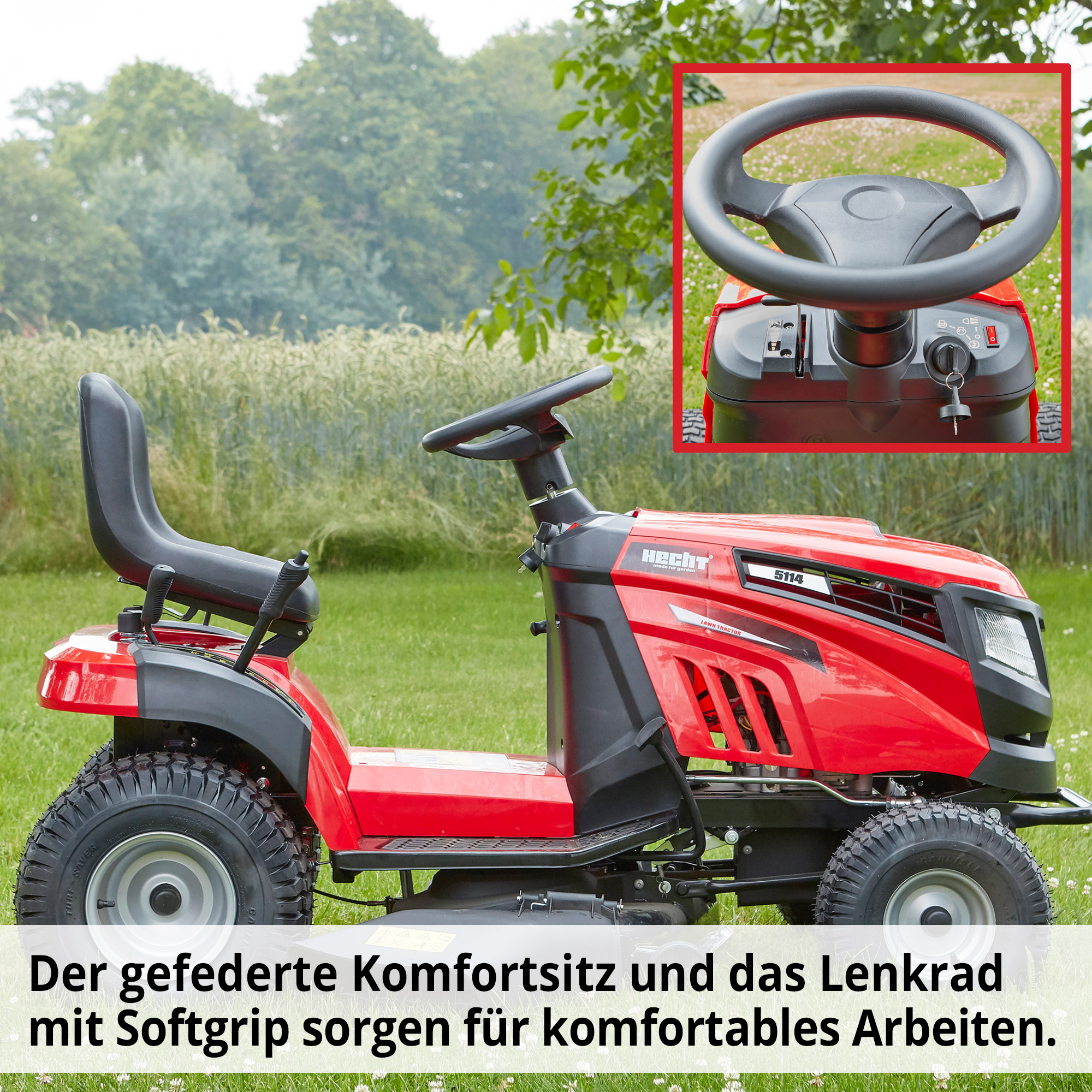 Hecht benzin-Rasentraktor Aufsitzmäher mit Soft Grip Lenkrad und Fahrersitz für entspanntes Arbeiten 