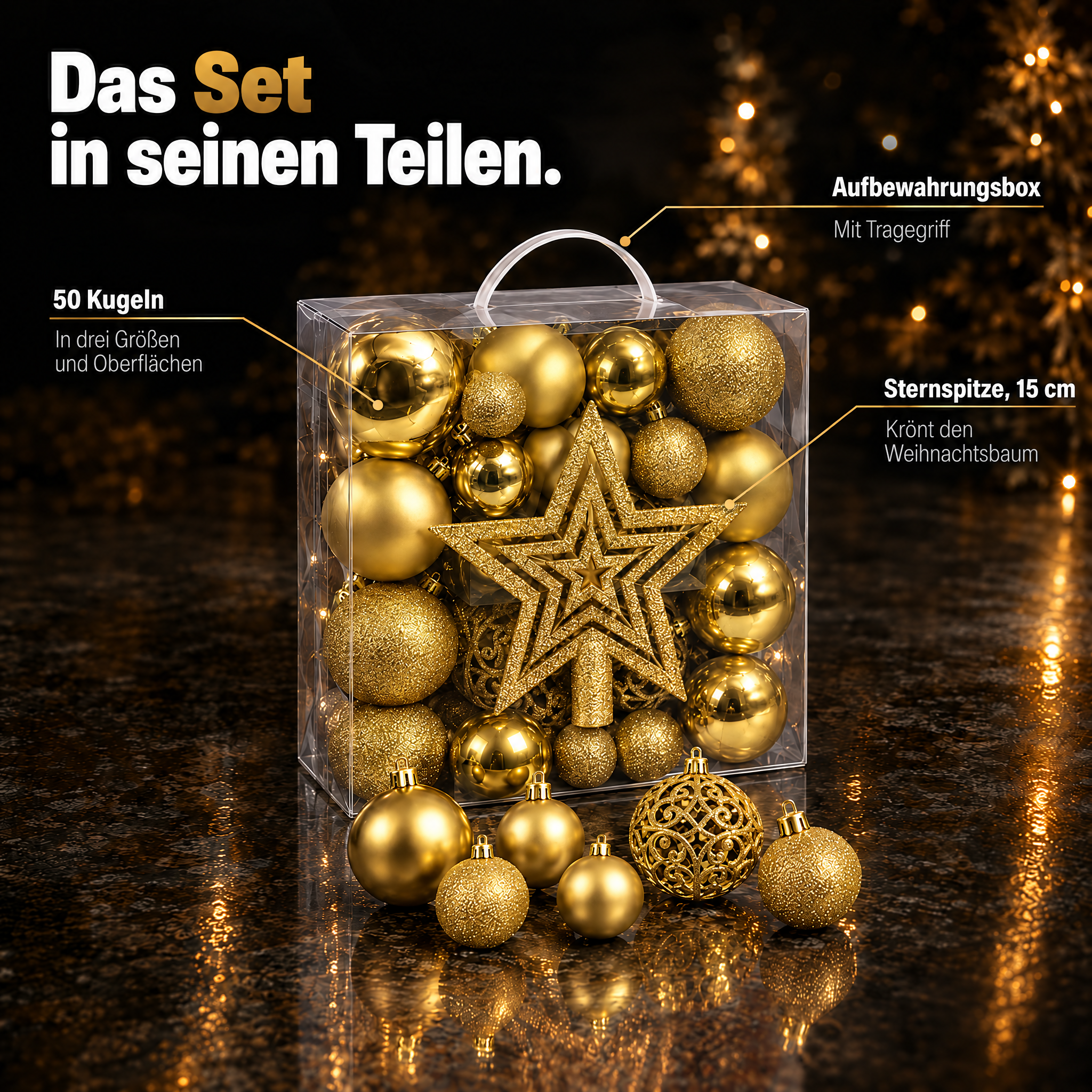 ONBEST Kugel-Set Gold: 50 Kugeln, Sternspitze und Box im Überblick. (Dieses Bild wurde mit Hilfe von KI generiert.)