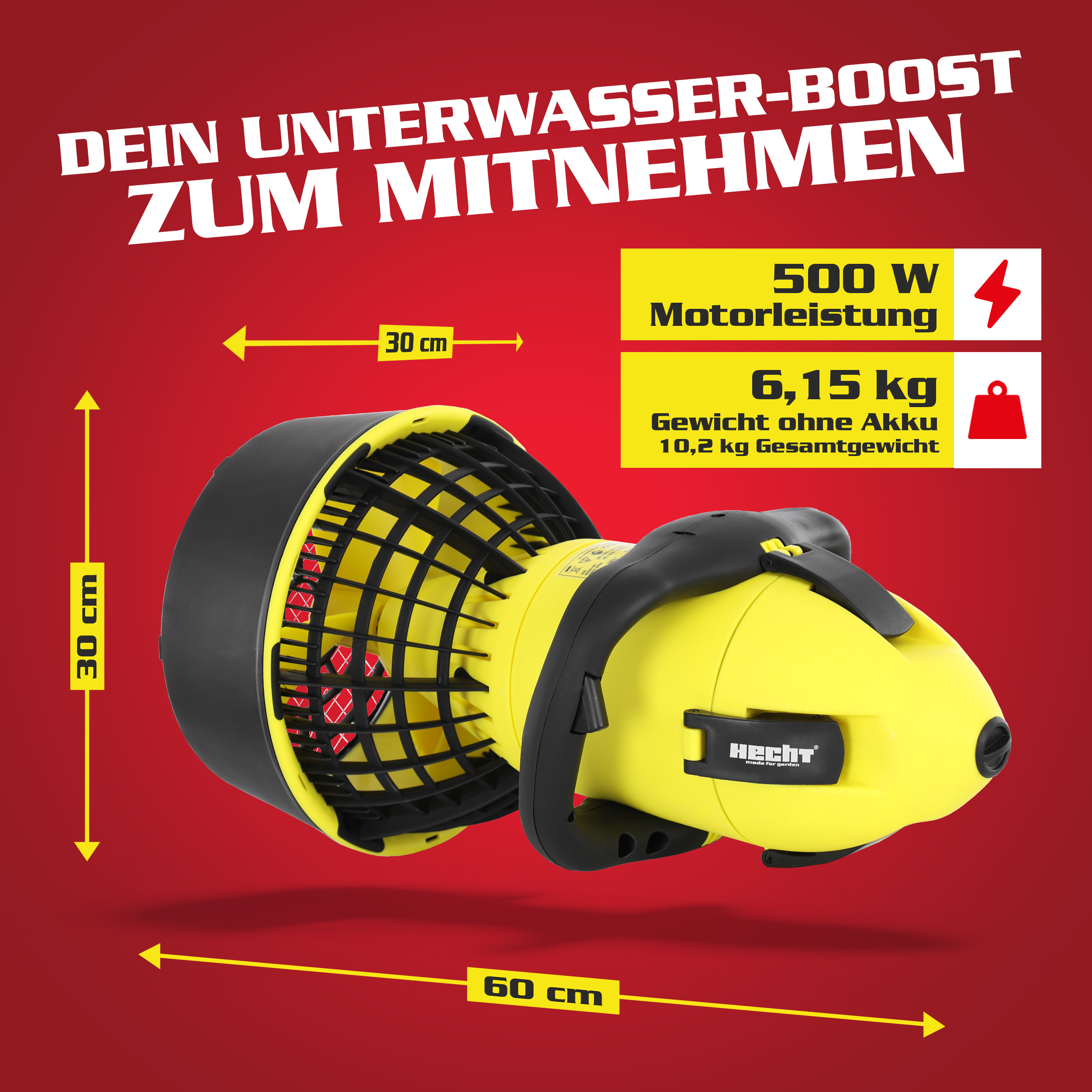 Wasserscooter HECHT 4499 mit Nutzer in voller Tauchposition