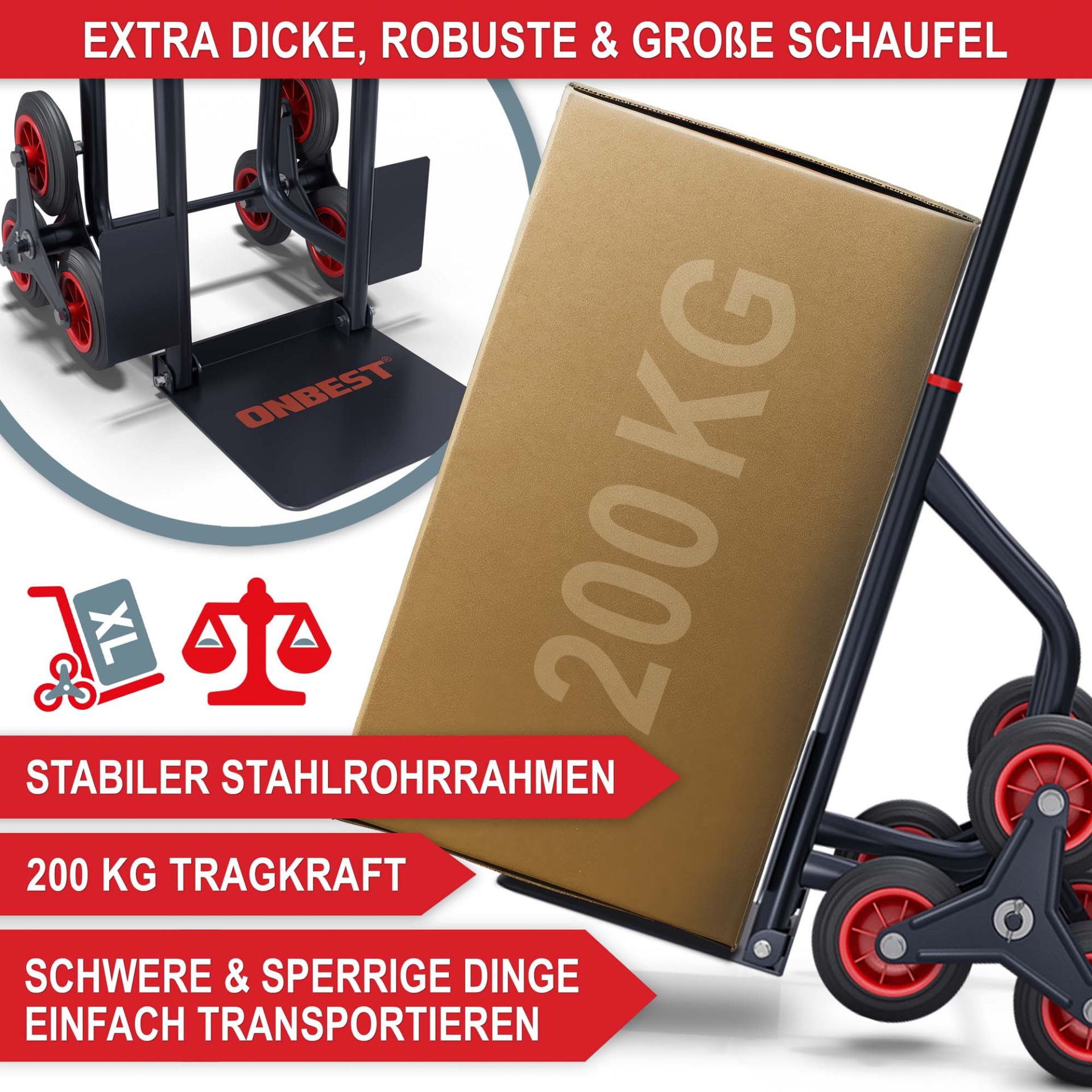 Treppensackkarre klappbar - extra dicke, robuste und große Schaufel, stabiler Stahlrohrrahmen, große Tragkraft, schwere und sperrige Dinge einfach transportieren