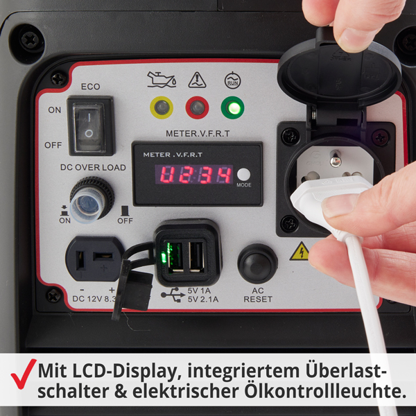 Inverter Benzin Notstromaggregat mit LCD-Display, integriertem Überlastschalter und elektrischer Ölkontrollleuchte