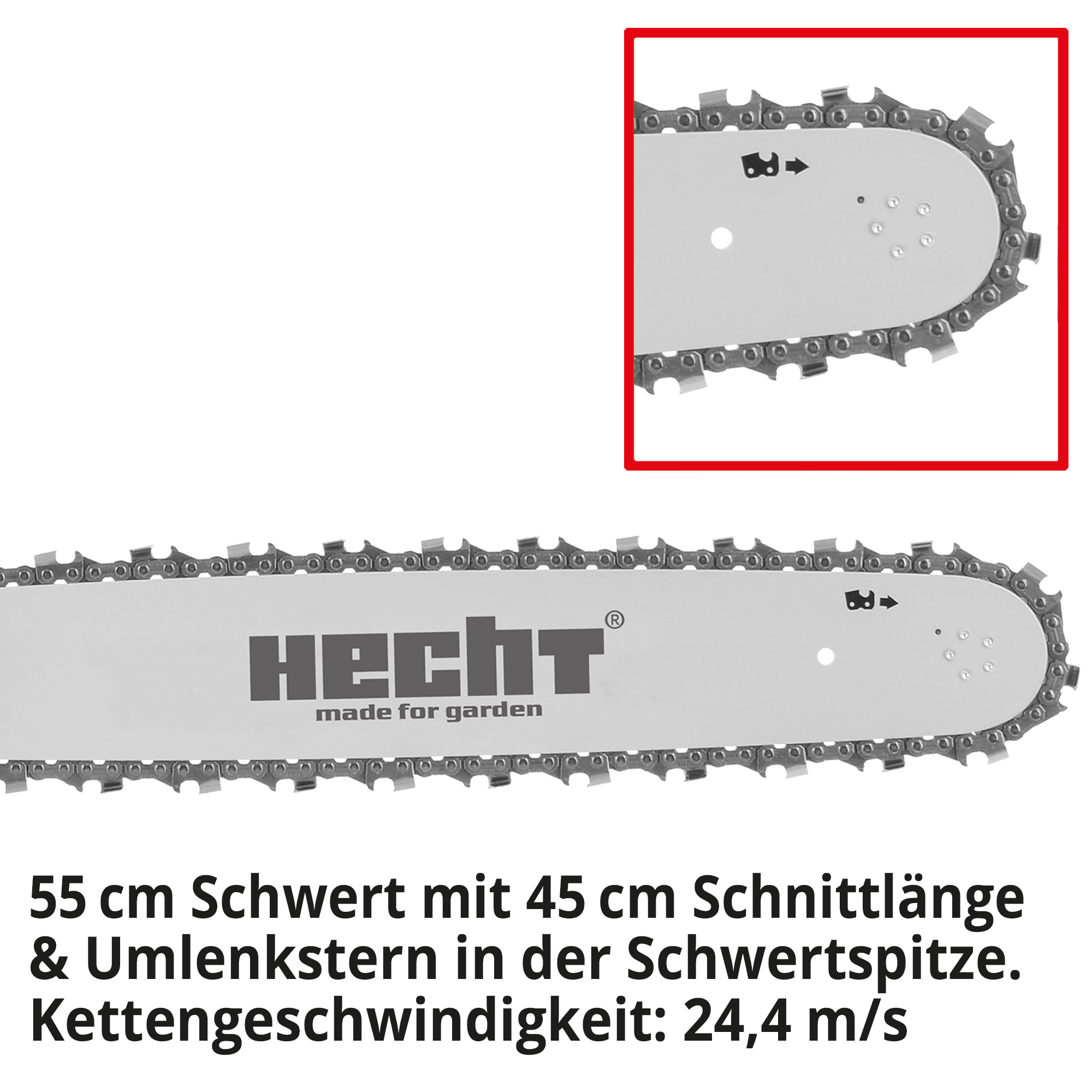 HECHT Benzin-Kettensäge mit 55 cm Schwert, 45 cm Schnittlänge und Umlenkstern in der Spitze