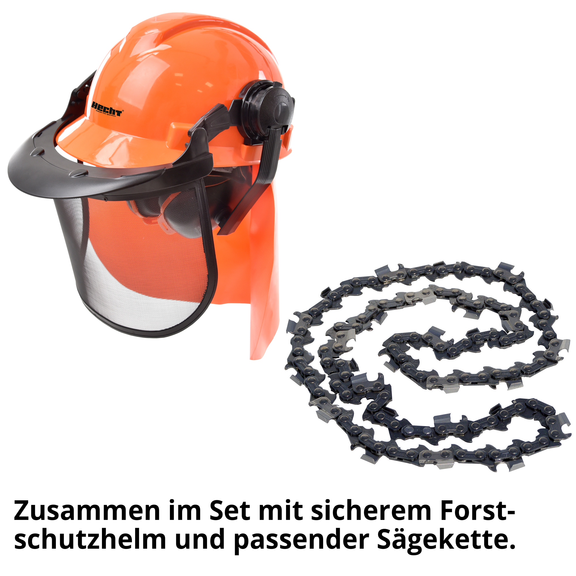 HECHT Motorsägen 3er Set 45 Kettensäge zusammen im Set mit sicherem Forstschutzhelm und passender Sägekette