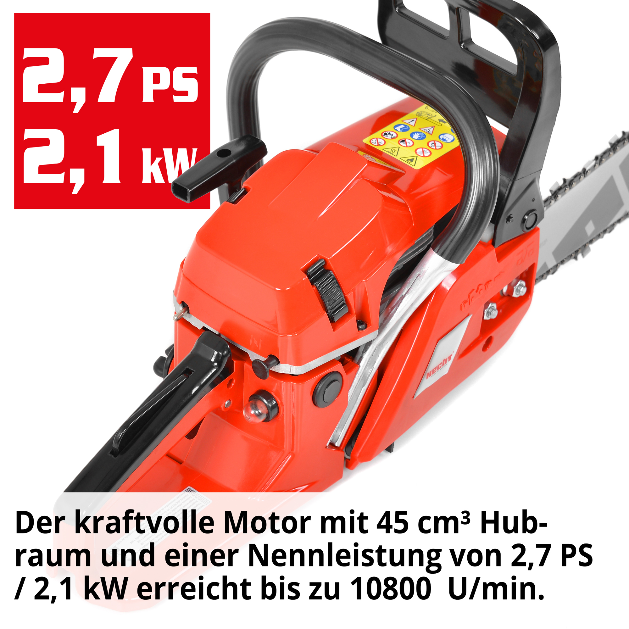 HECHT Motorsäge 45 Motorsäge mit kraftvollem Motor mit 45 ccm Hubraum, 2,7 PS / 2,1 Nennleistung und 12000 U/min