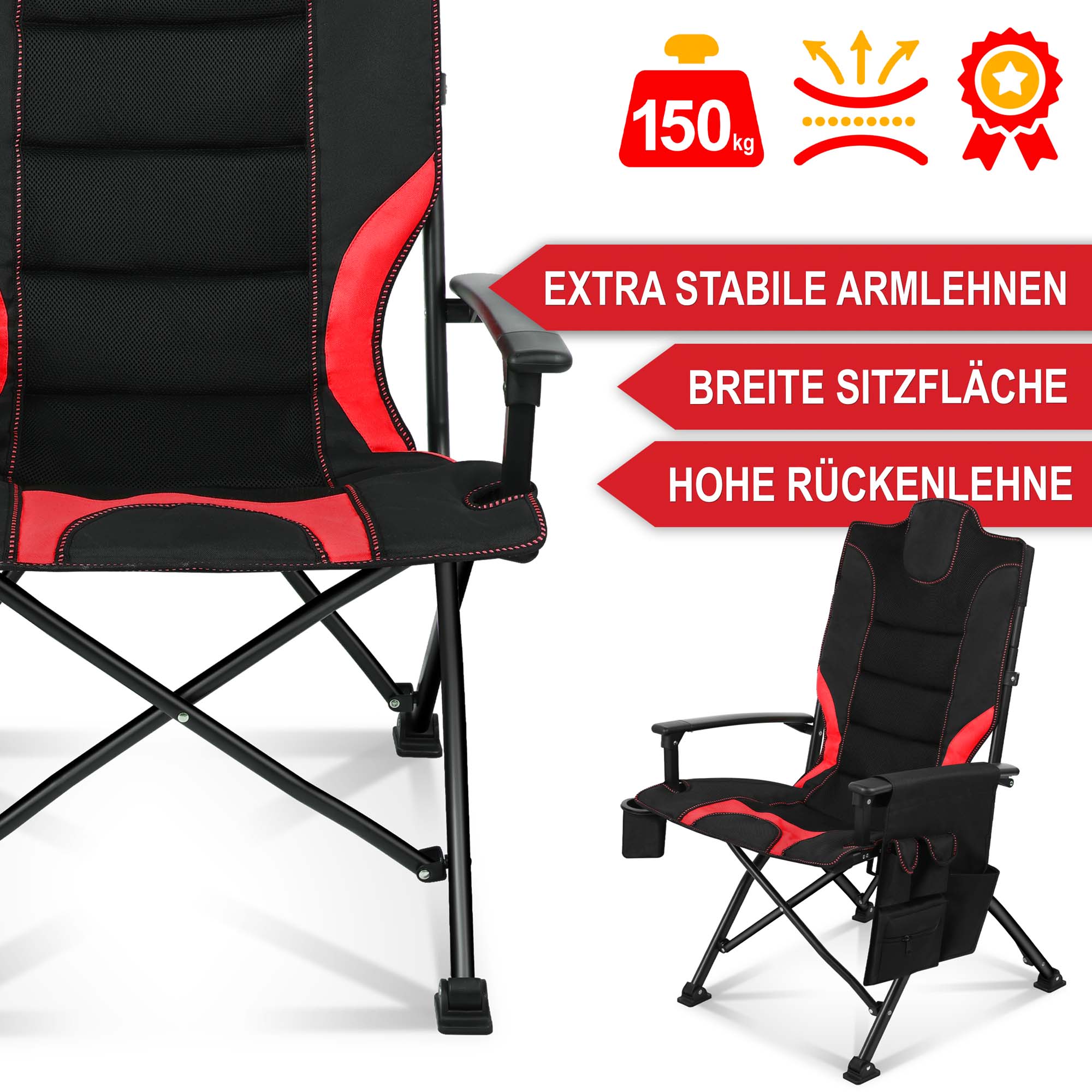 Campingstuhl schwarz/rot - extra stabile Armlehne, breite Sitzfläche, hohe Rückenlehne