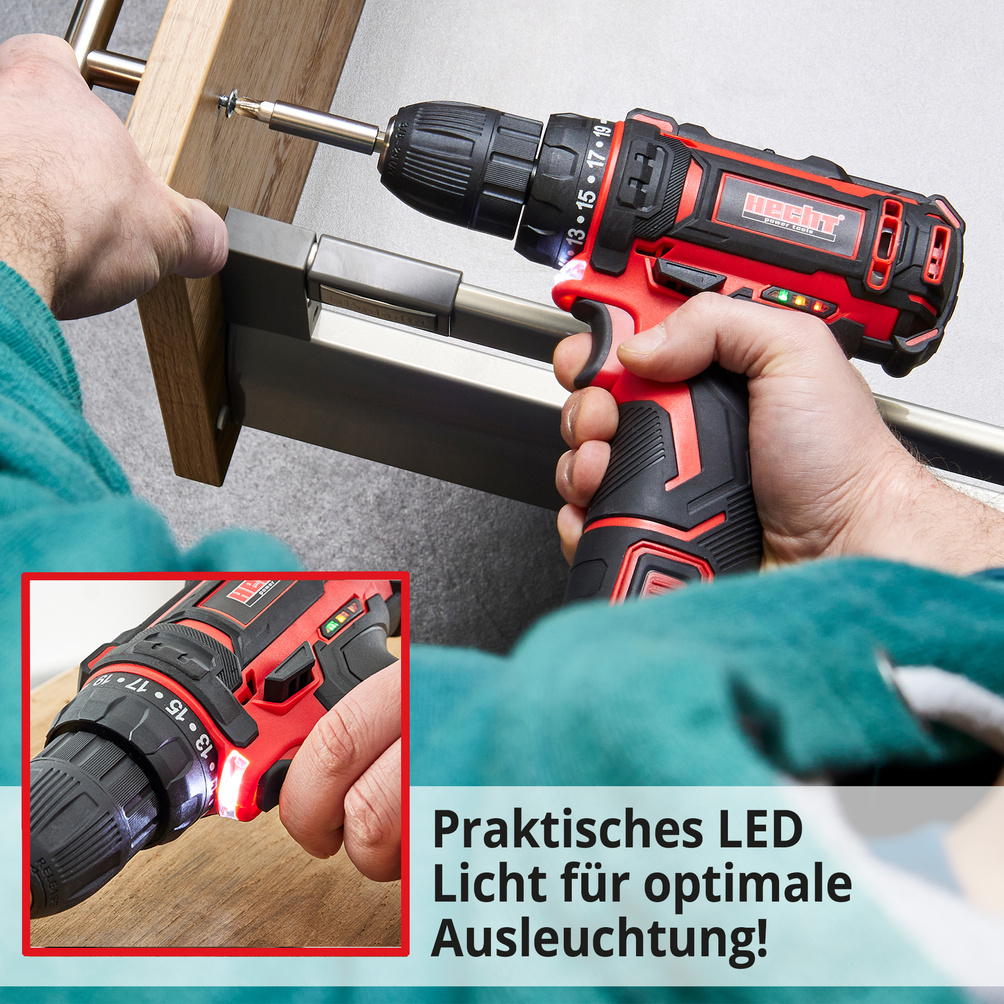 HECHT 1242 Akkuschrauber; Praktisches LED Licht für optimale Ausleuchtung