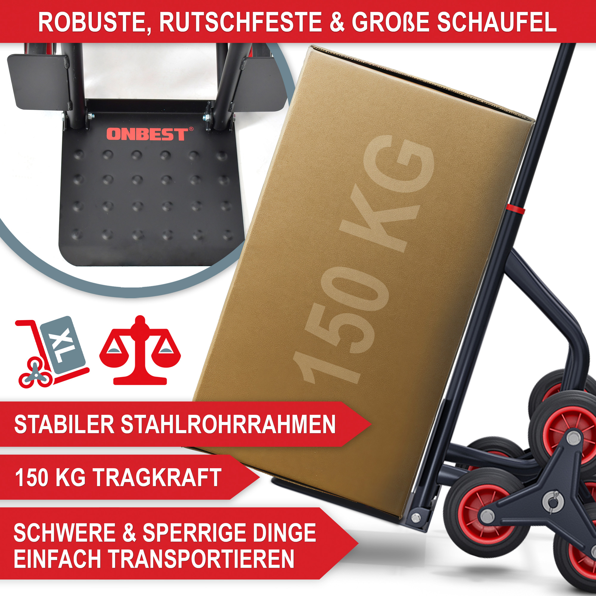ONBEST 46433 Treppensackkarre; mit großer rutschfester Schaufel, stabilem Stahlrohrrahmen & 150 kg Tragkraft