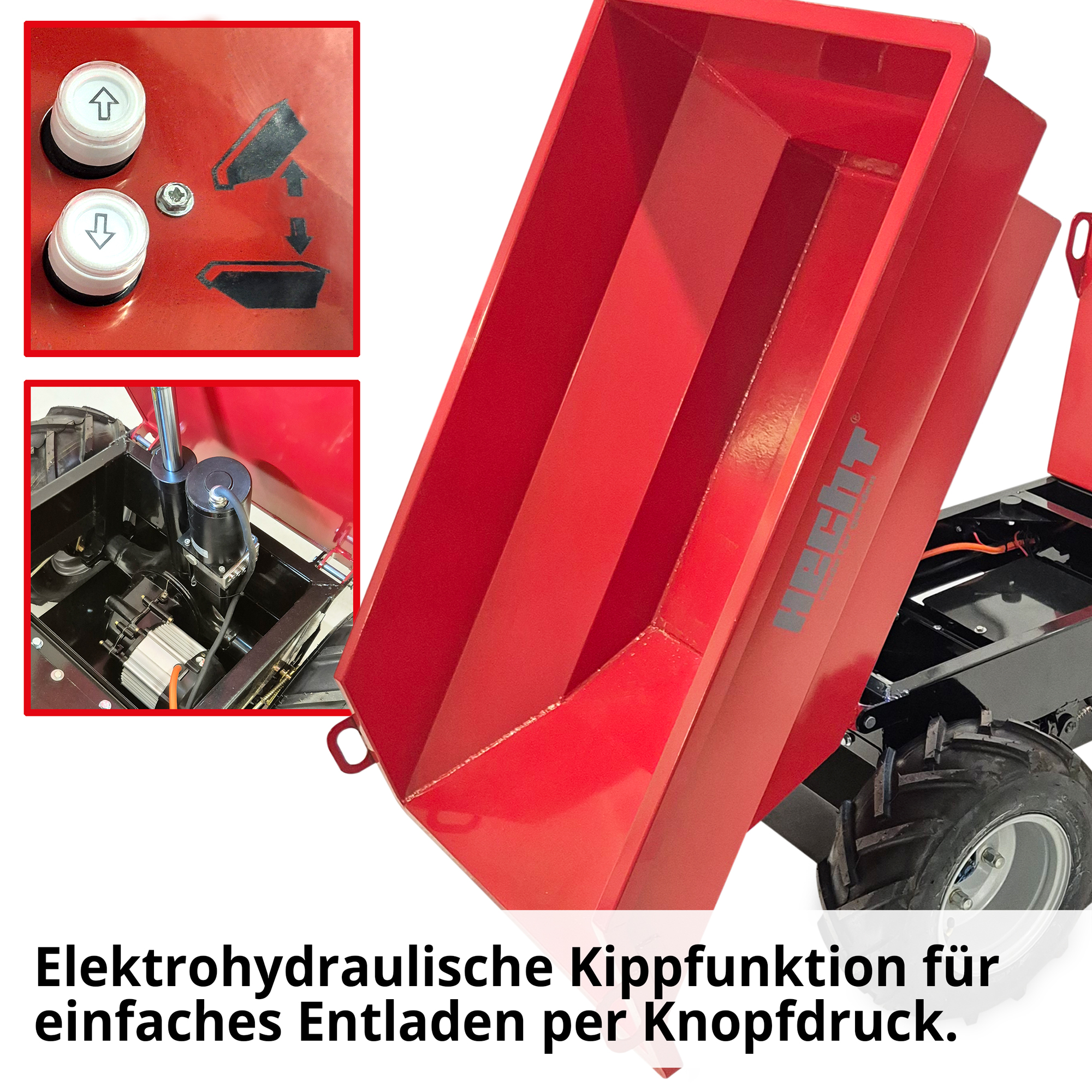 Akku Dumper mit Elektrohydraulischer Kippfunktion schnell per Knopfdruck 