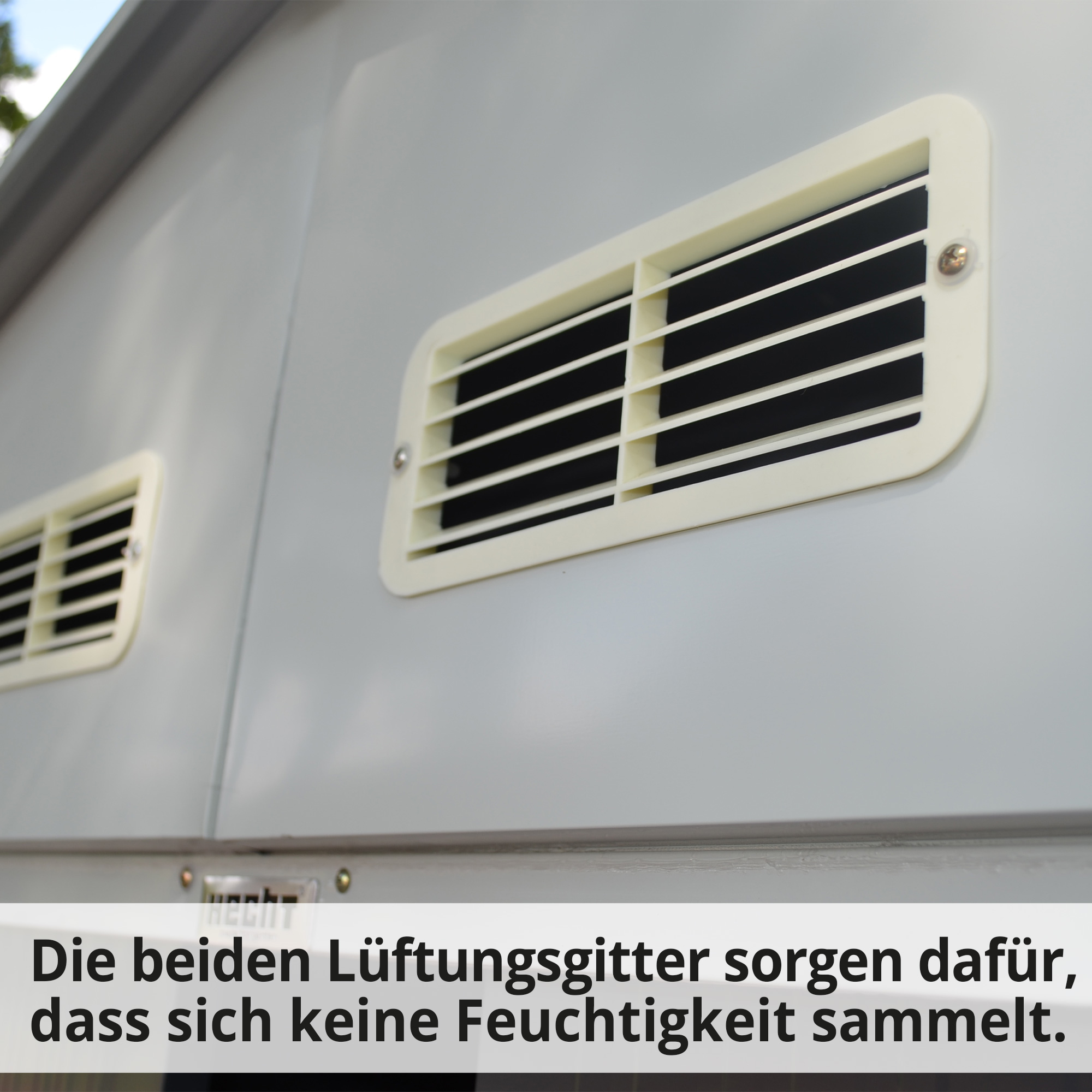 Gerätehaus PLUS; Die beiden Lüftungsgitter sorgen dafür, dass sich keine Feuchtigkeit sammelt