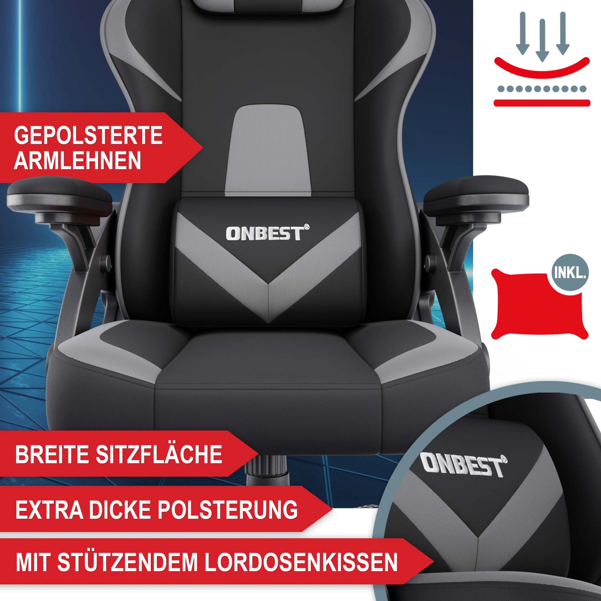 Gaming Stuhl schwarz/ grau - Gepolsterte Armlehne, Breite Sitzfläche, extra dicke Polsterung mit stützendem Lordosenkissen
