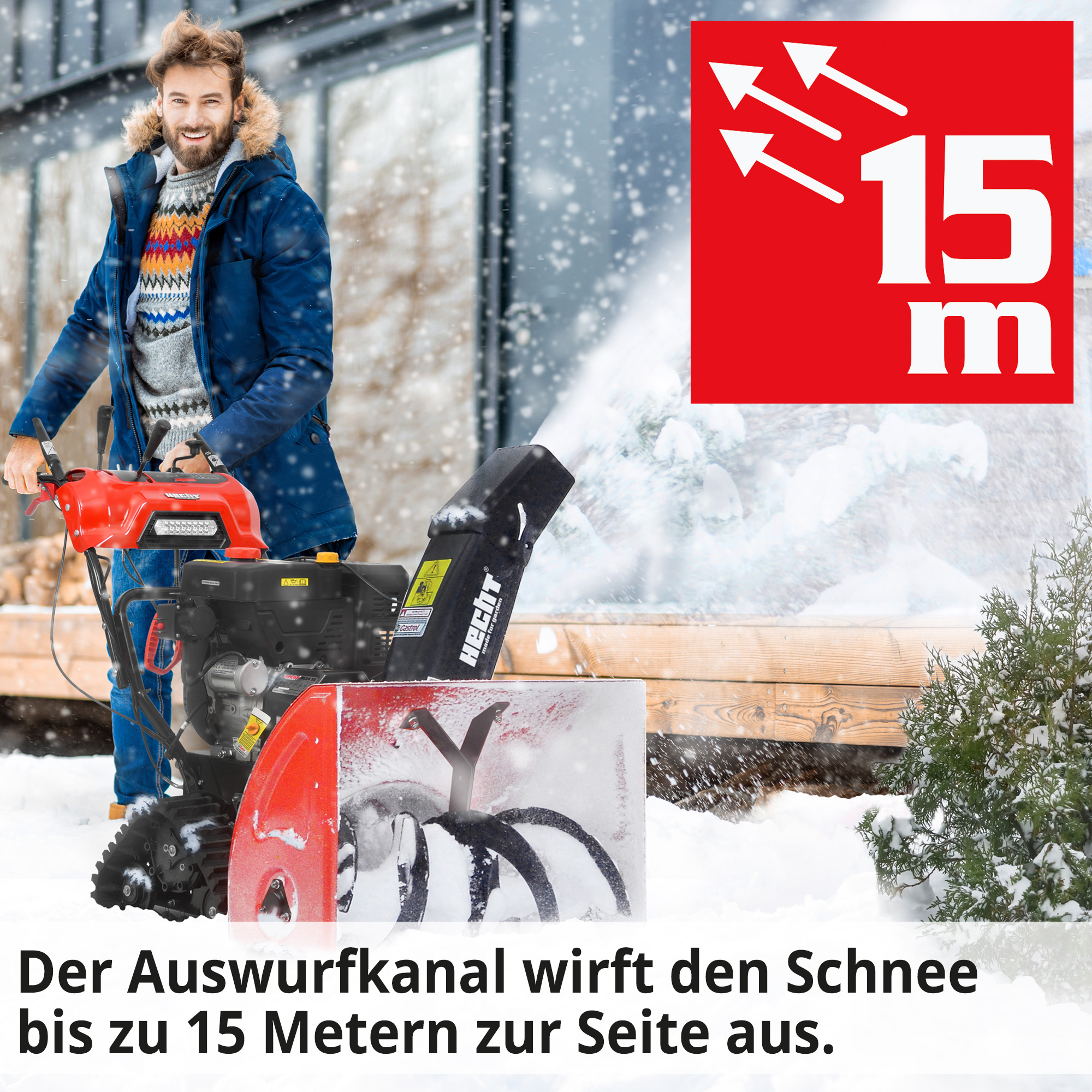 Benzin Schneefräse mit Auswurfkanal und 15 Metern Reichweite 