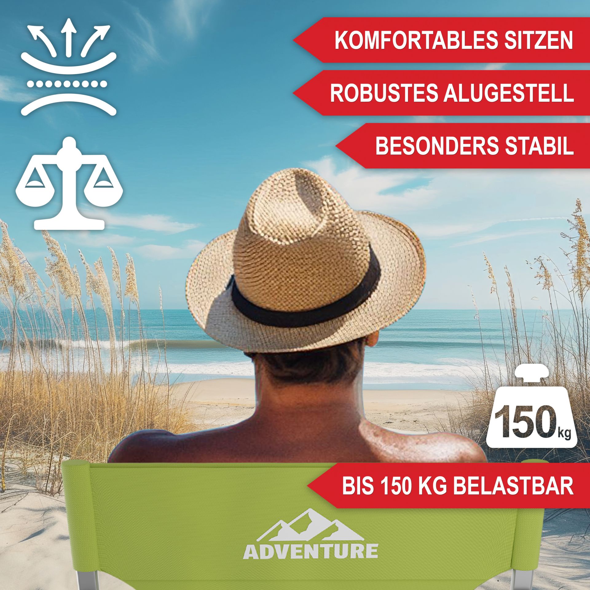 Campingstuhl mit Kühltasche grün - Komfortables Sitzen; robustes Alugestell; besonders stabil; schwer belastbar