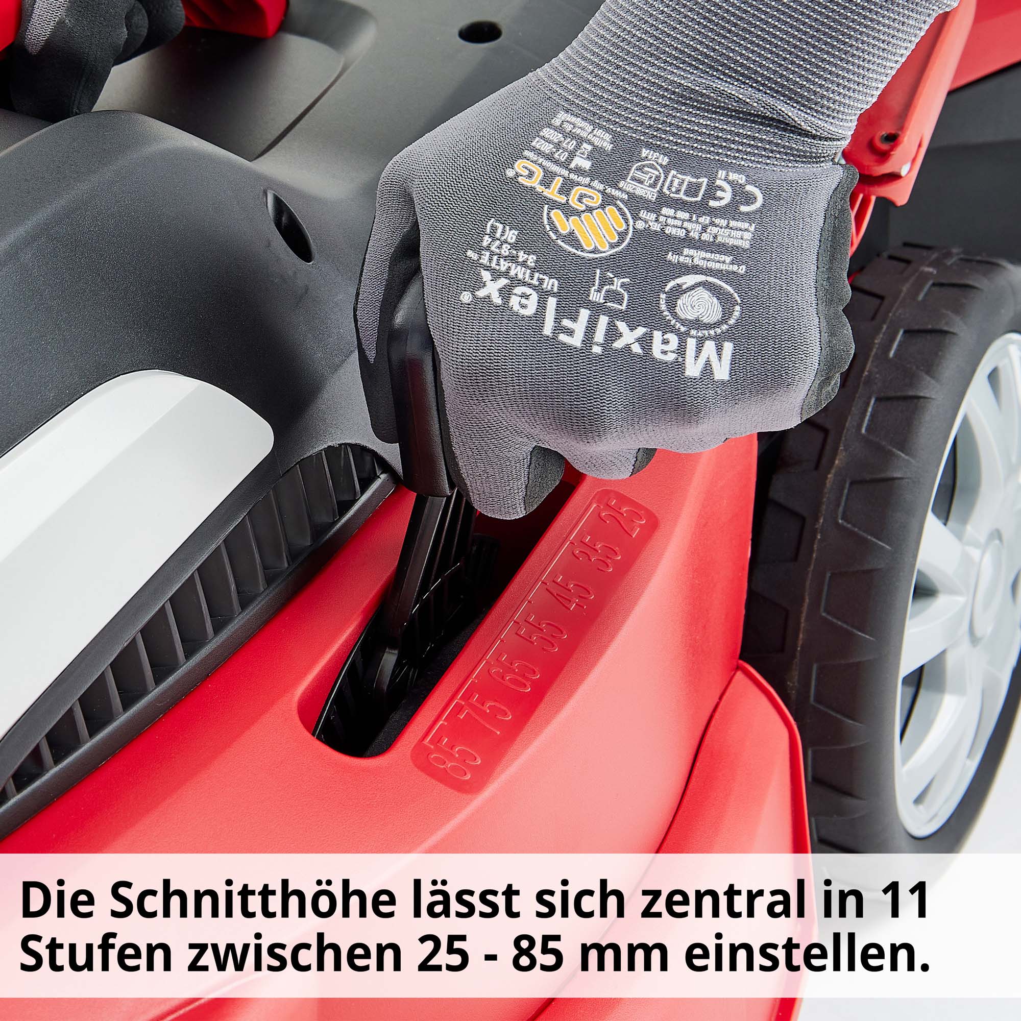 Elektro-Rasenmäher mit  und 11-fach verstellbare Schnitthöhe zwischen 25-85 mm