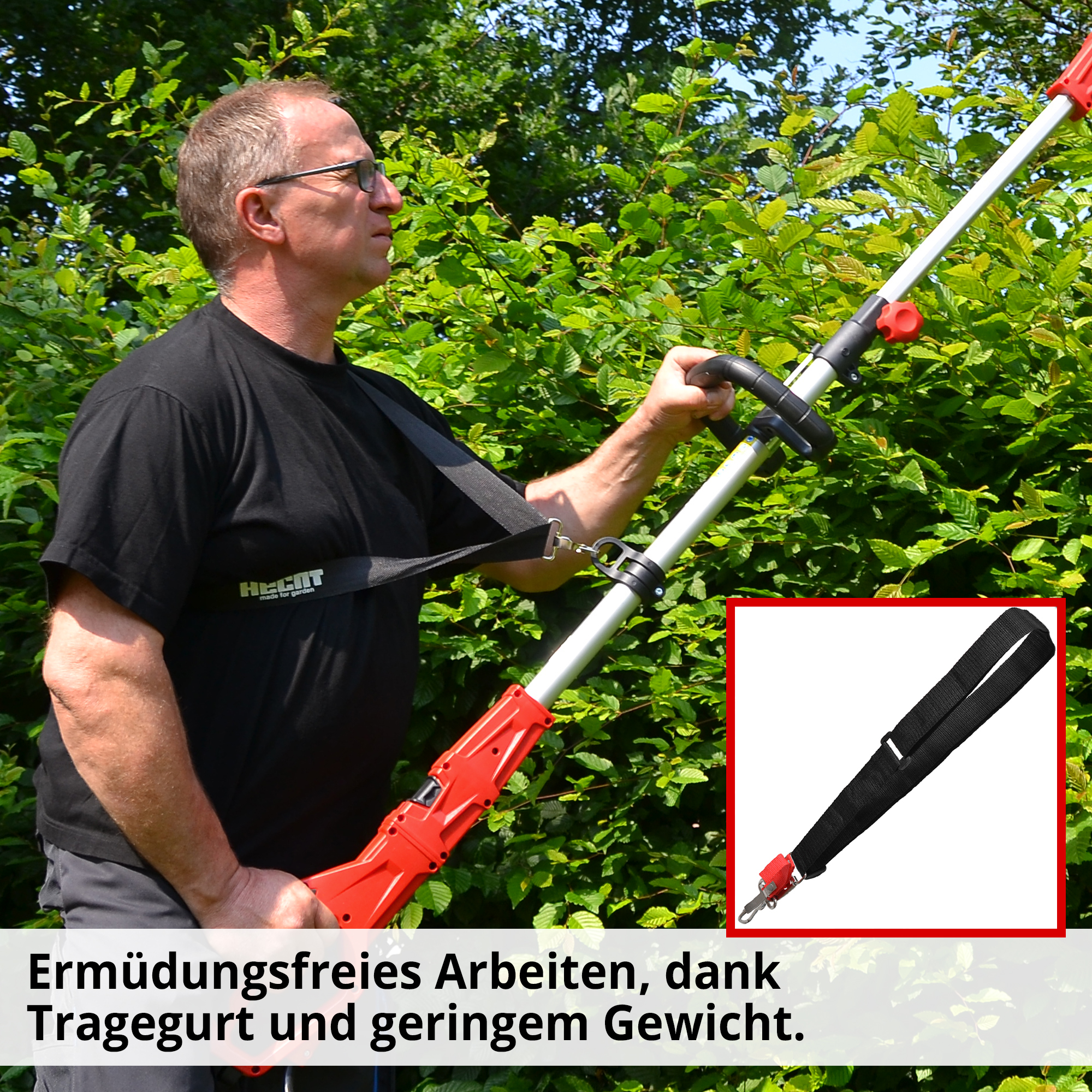 Elektro-Gartenschere mit Tragegurt und extra Handgriff für bequemes arbeiten 