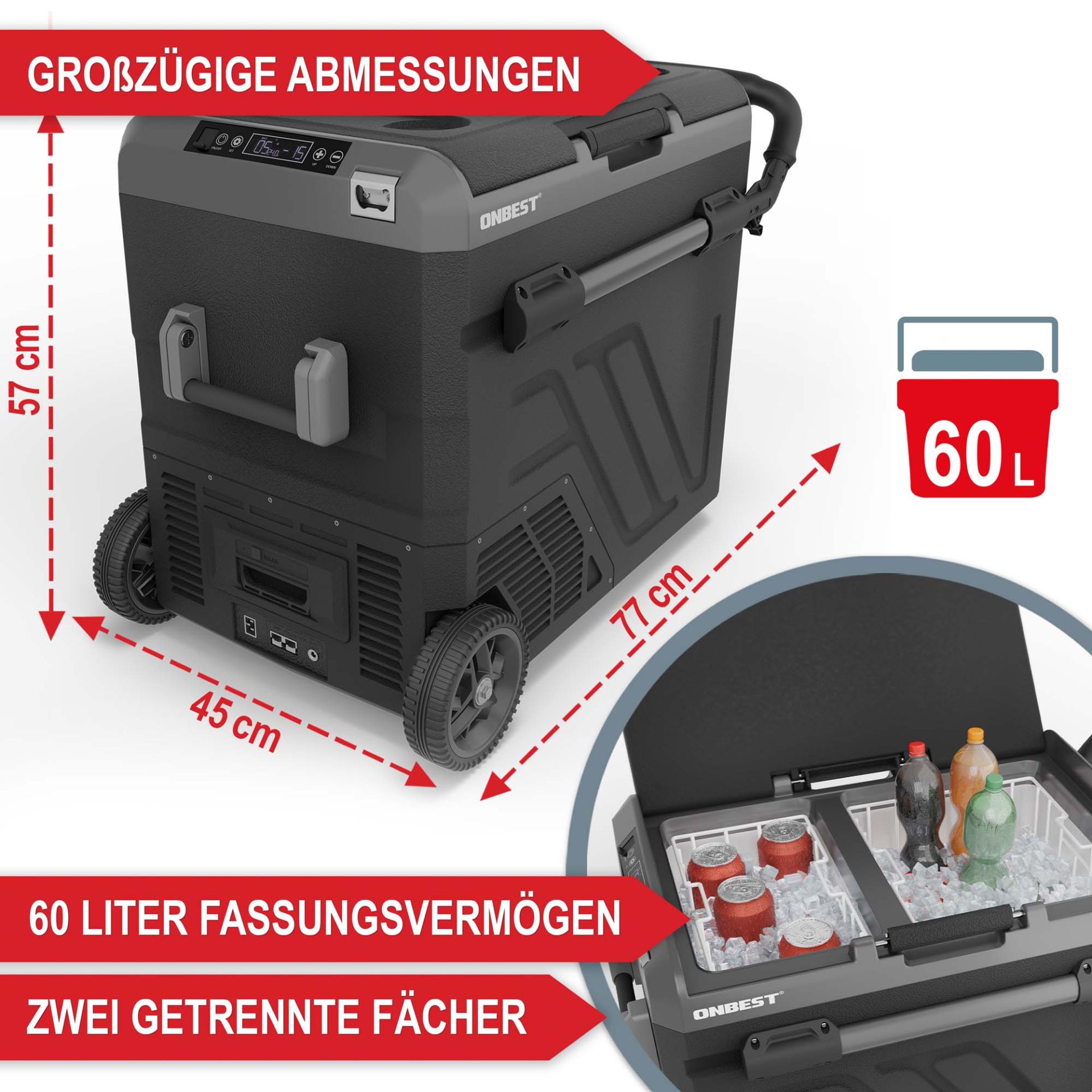 Kompressor Kühlbox 60 Liter - Großzügige Abmessung; 60 Liter Fassungsvermögen; 2 getrennte Fächer