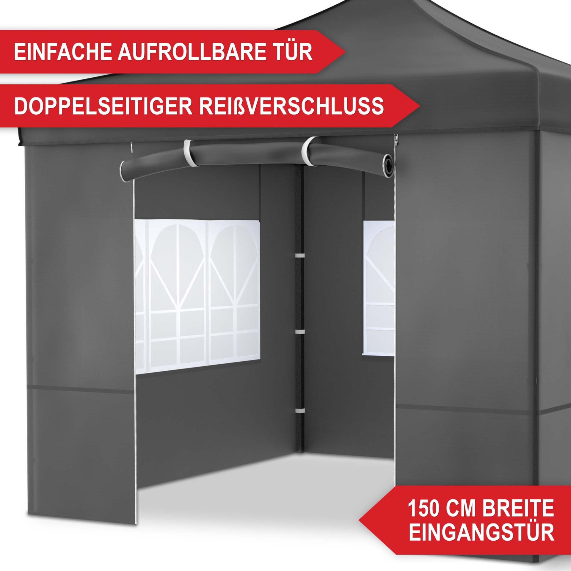 Pavillon Grau - Einfache aufrollbare Tür, doppelseitiger Reißverschluss, 150 Centimeter breite Eingangstür Pavillon Grau - Einfache aufrollbare Tür, doppelseitiger Reißverschluss, 150 Centimeter breite Eingangstür