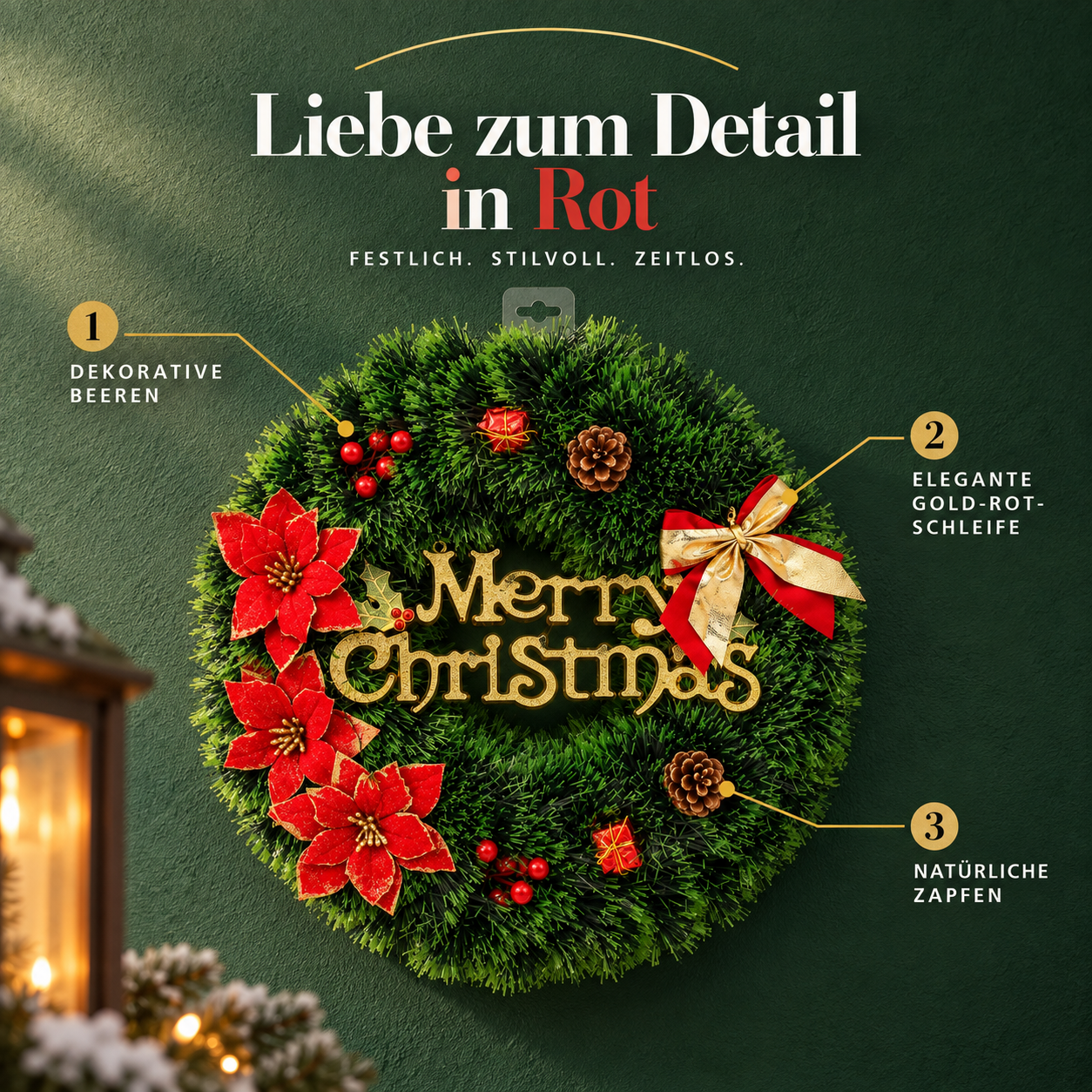 Weihnachtskranz Rot: Stilvolles Design mit Beeren, Tannenzapfen und Blüten (Dieses Bild wurde mit Hilfe von KI generiert.)