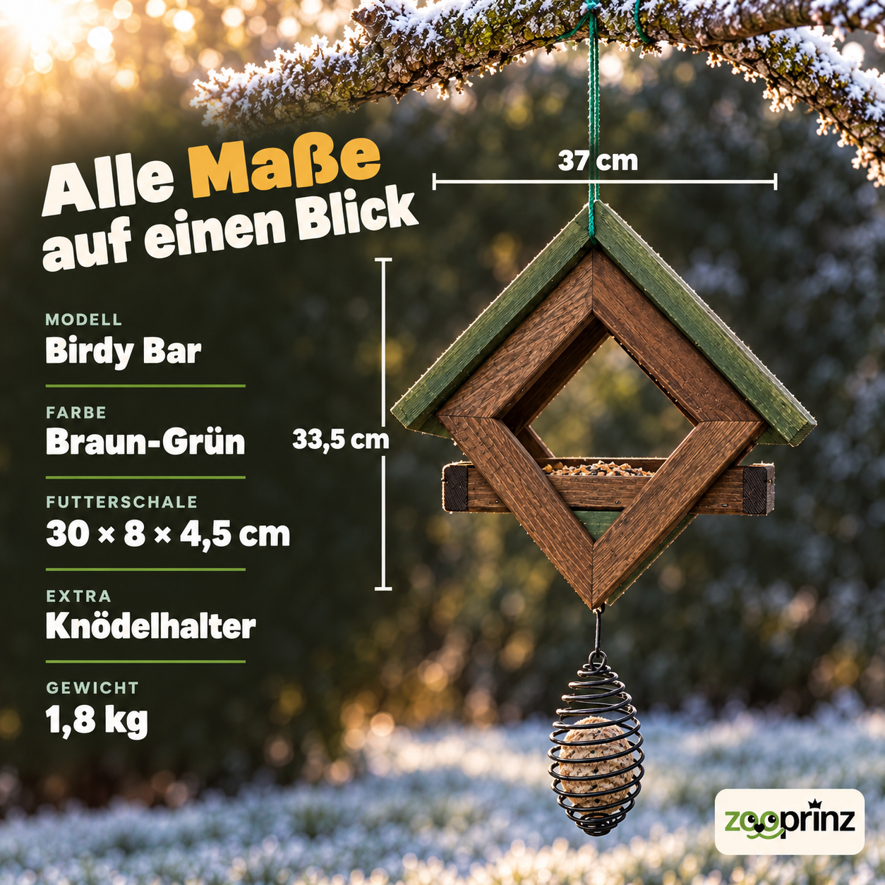 Vogelhaus Maße: Birdy Bar in Braun-Grün misst 37x33,5 cm bei 1,8 kg Gewicht. (Dieses Bild wurde mit Hilfe von KI generiert.)