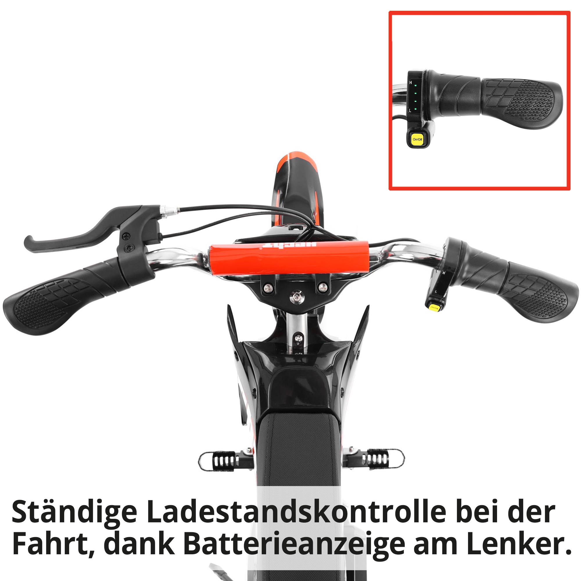 Red Pocketbike; Ständige Ladestandskontrolle bei der Fahrt, dank Batterieanzeige am Lenker
