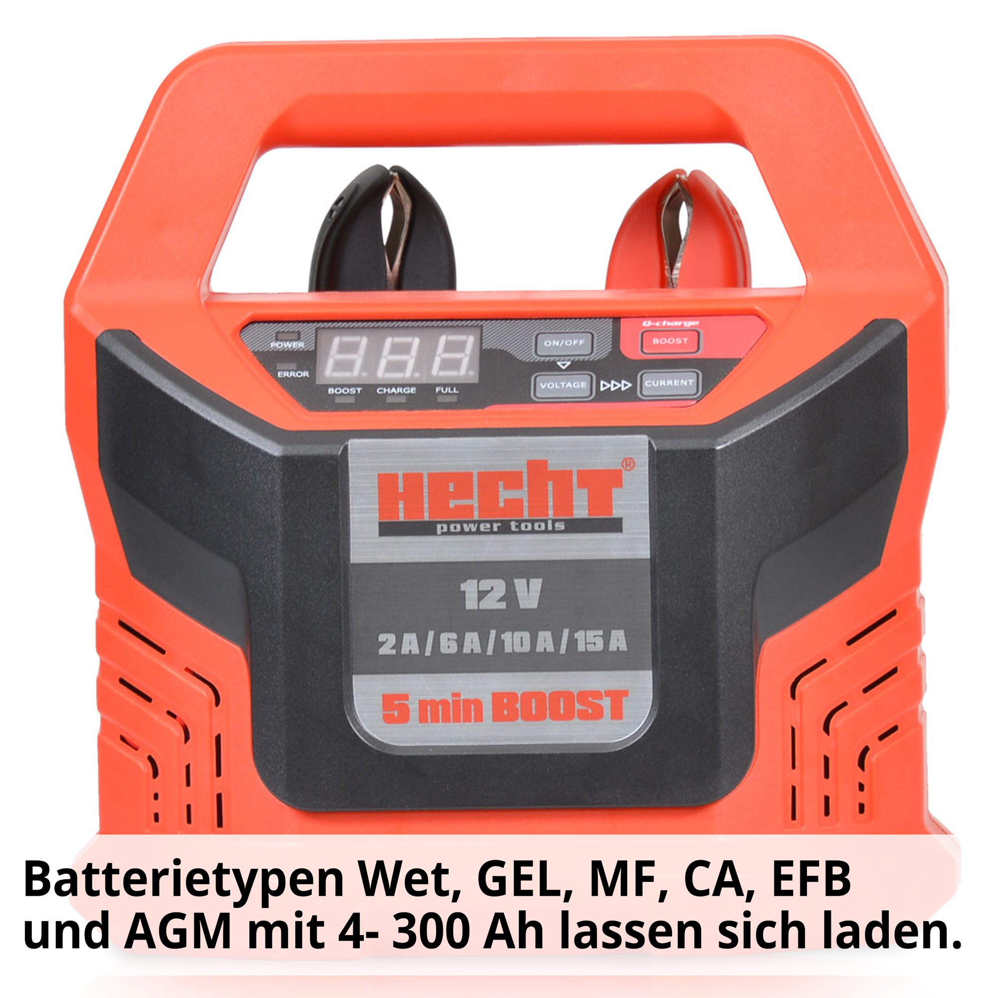 HECHT 2013 Batterieladegerät; Batterietypen Set, GEL, MF, CA, EFB und AGM mit 4 - 300 Ah lassen sich laden 