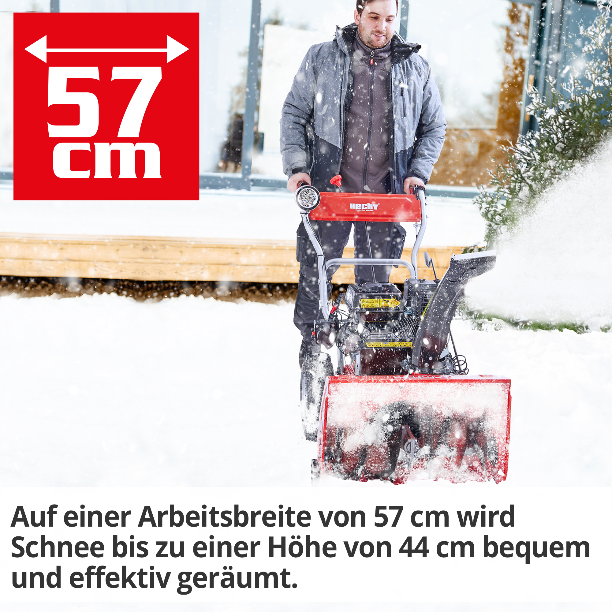 Schneefräskopf räumt Schnee auf 57 cm Arbeitsbreite und bis zu einer Schneehöhe von 44 cm