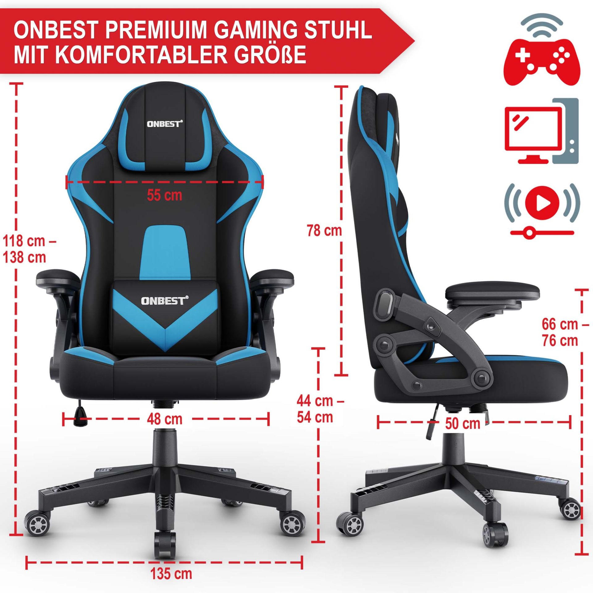 Gaming Stuhl schwarz/ blau- Mit komfortabler Größe