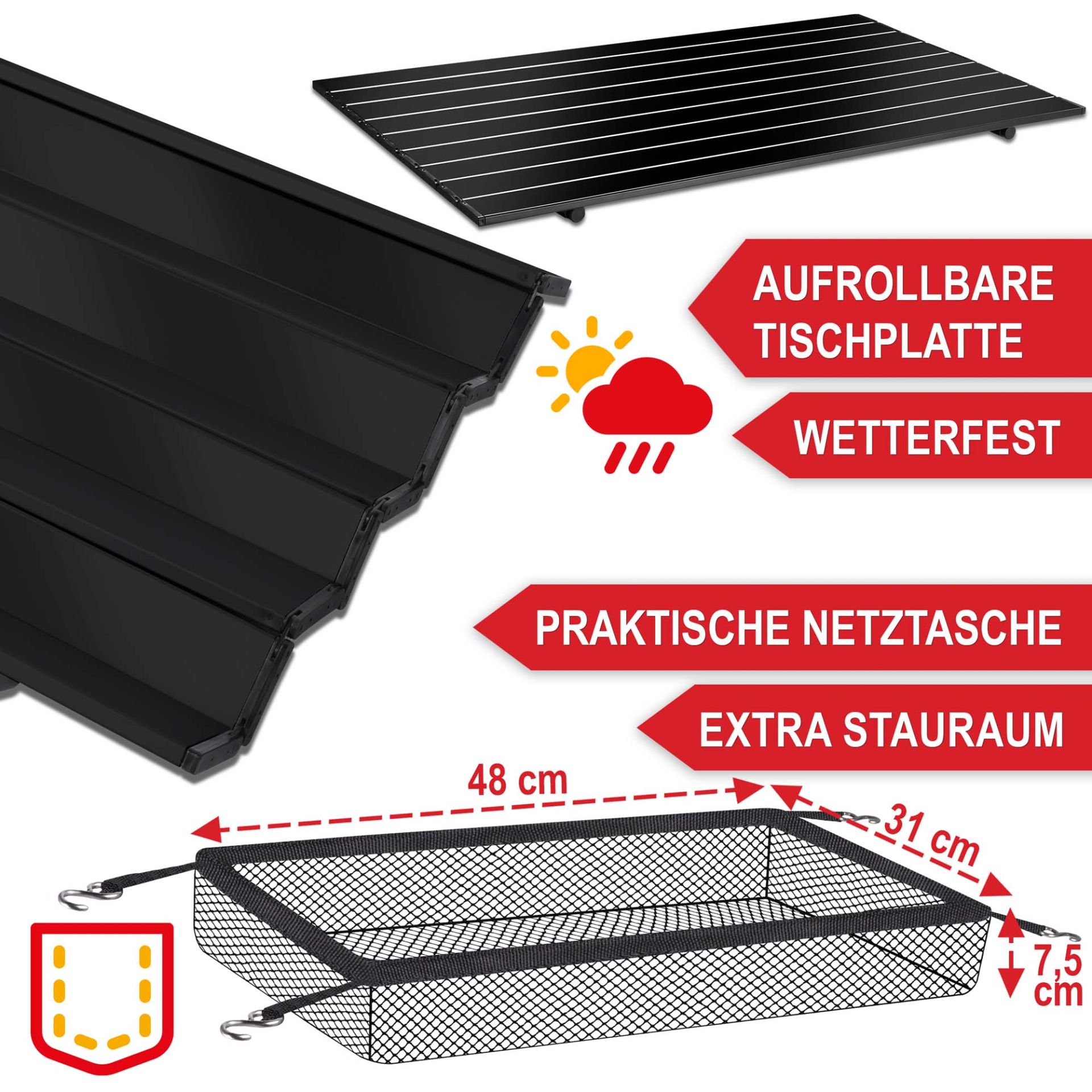 Klapptisch Norderney schwarz - aufrollbare Tischplatte, wetterfest, praktische Netztasche, extra Stauraum