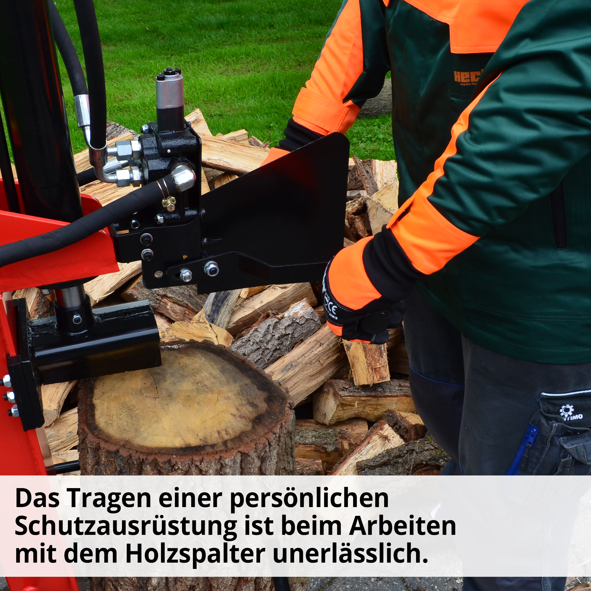 Holzspalter; Das Tragen einer persönlichen Schutzausrüstung ist beim Arbeiten mit dem Holzspalter unerlässlich