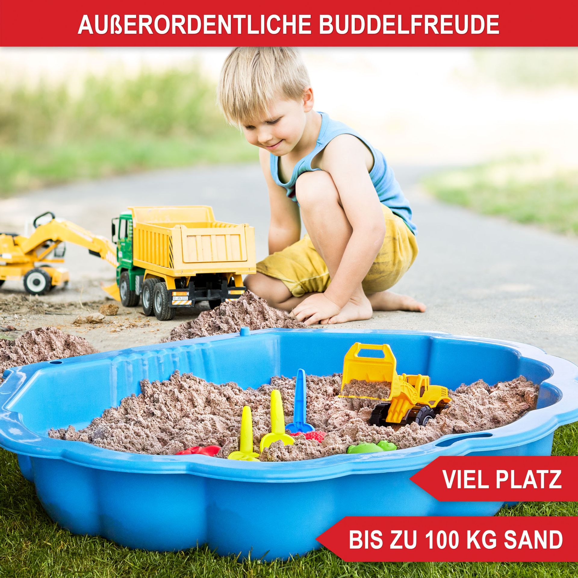 Sandkasten Muschel blau - Außerordentliche Buddelfreude, viel Platz, große Sand Kapazität
