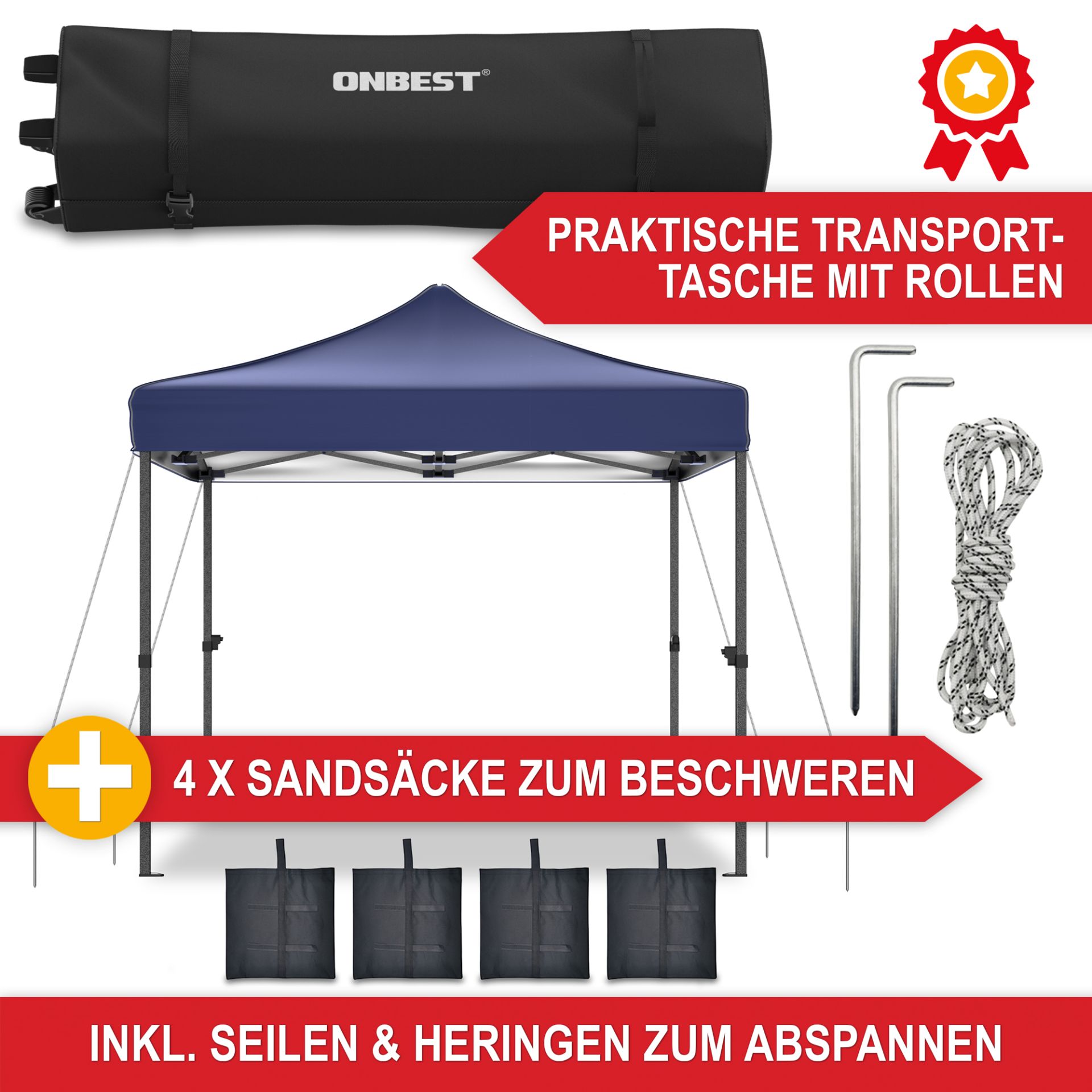 Pavillon blau - Praktische Transporttasche mit Rollen, inklusive Seilen und Heringen zum abspannen und Sandsäcken zum beschweren
