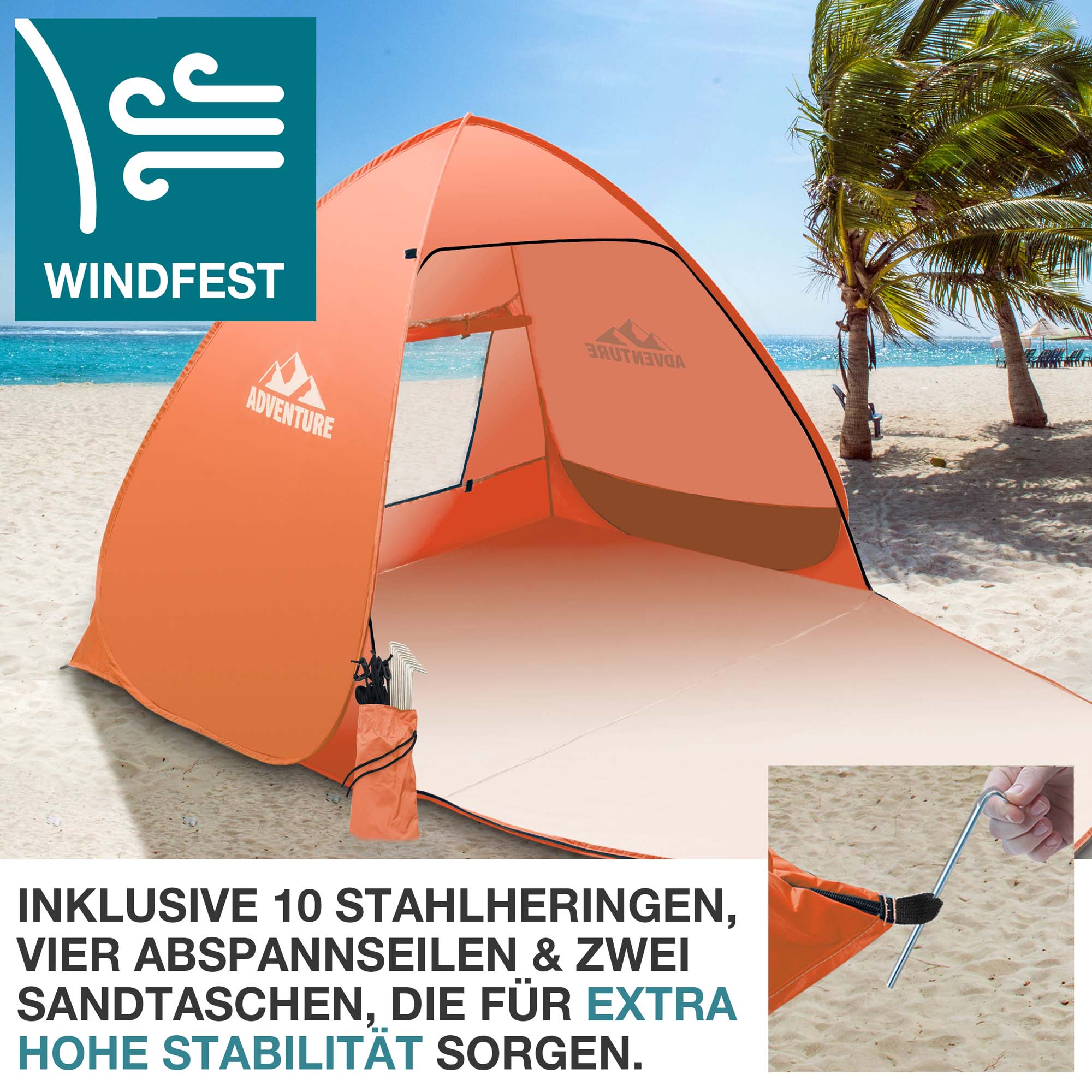 Orange Strandmuschel am Strand windfest durch 10 Stahlheringe 4 Abspannseile und 2 Sandsäcke für extra hohe Stabilität