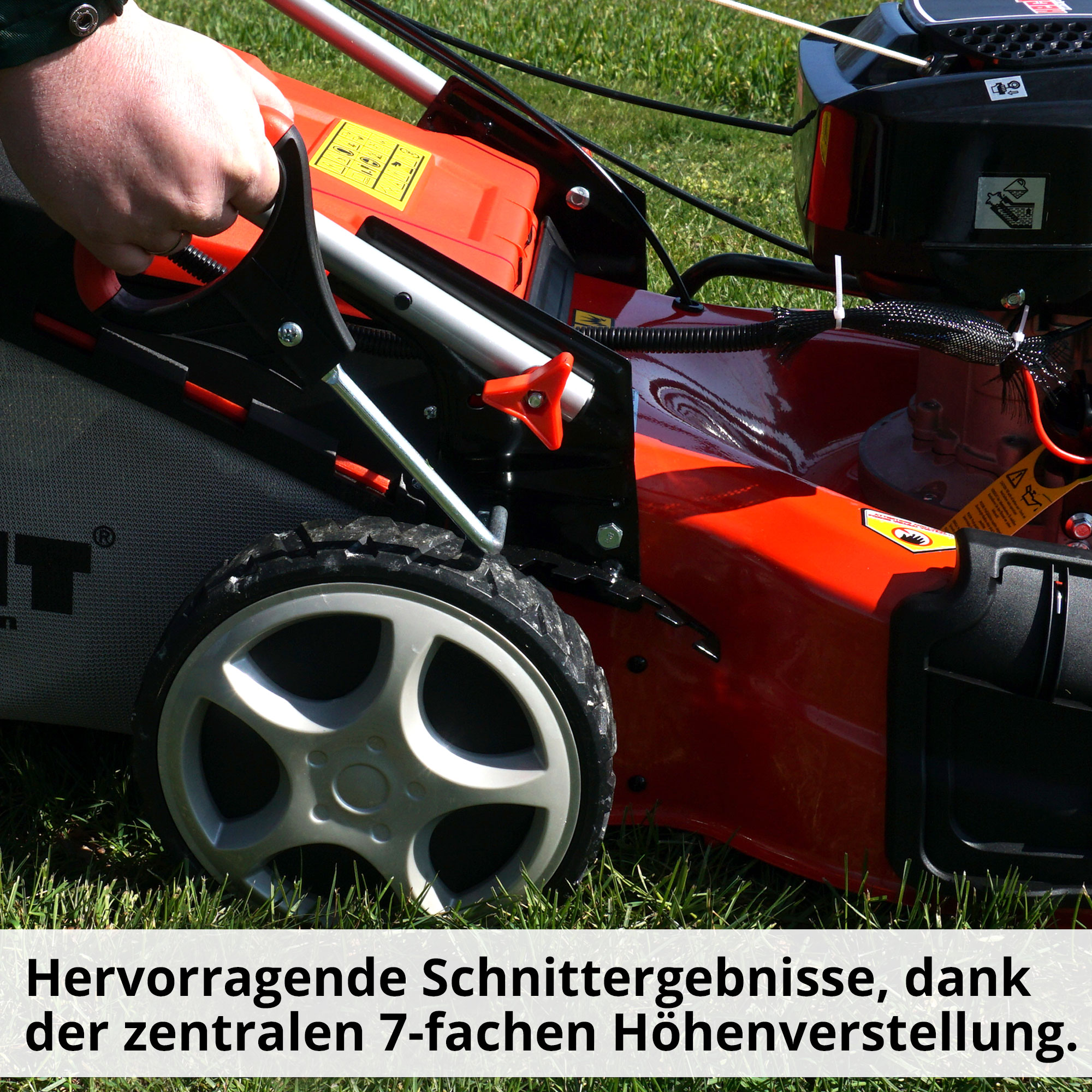 Hecht 554 SXE Benzin Rasenmäher; Hervorragende Schnittergebnisse, dank der zentralen 7-fachen Höhenverstellung