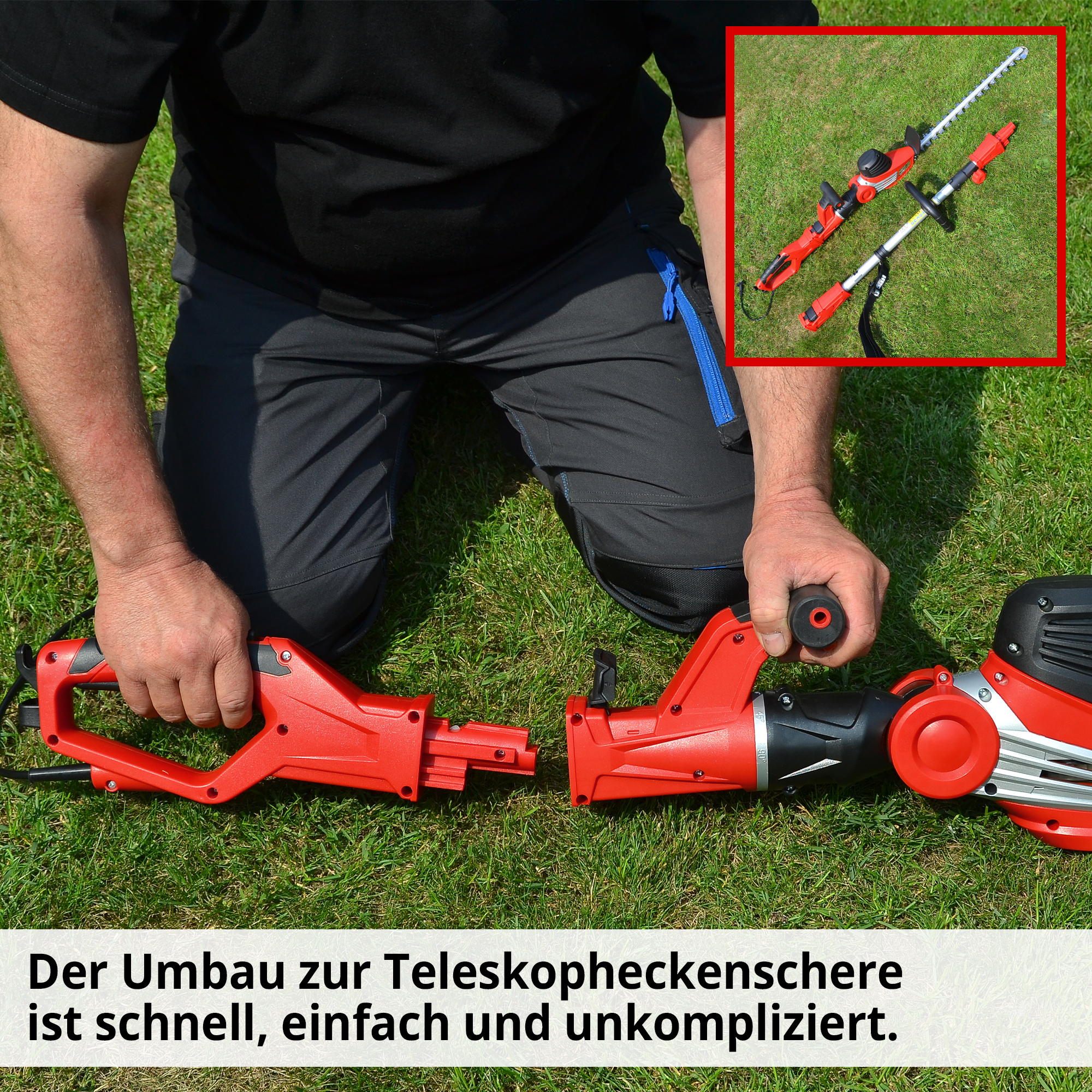 Elektro-Heckenschere mit schnellem Umbau zu Teleskopheckenschere 