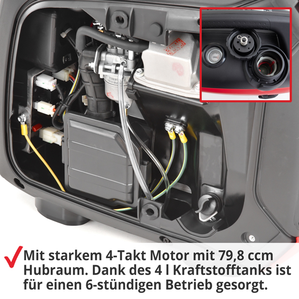 Inverter Benzin Notstromaggregat mit starkem 4-Takt Motor mit einem großem Hubraum, für einen 6 stündigen Betrieb