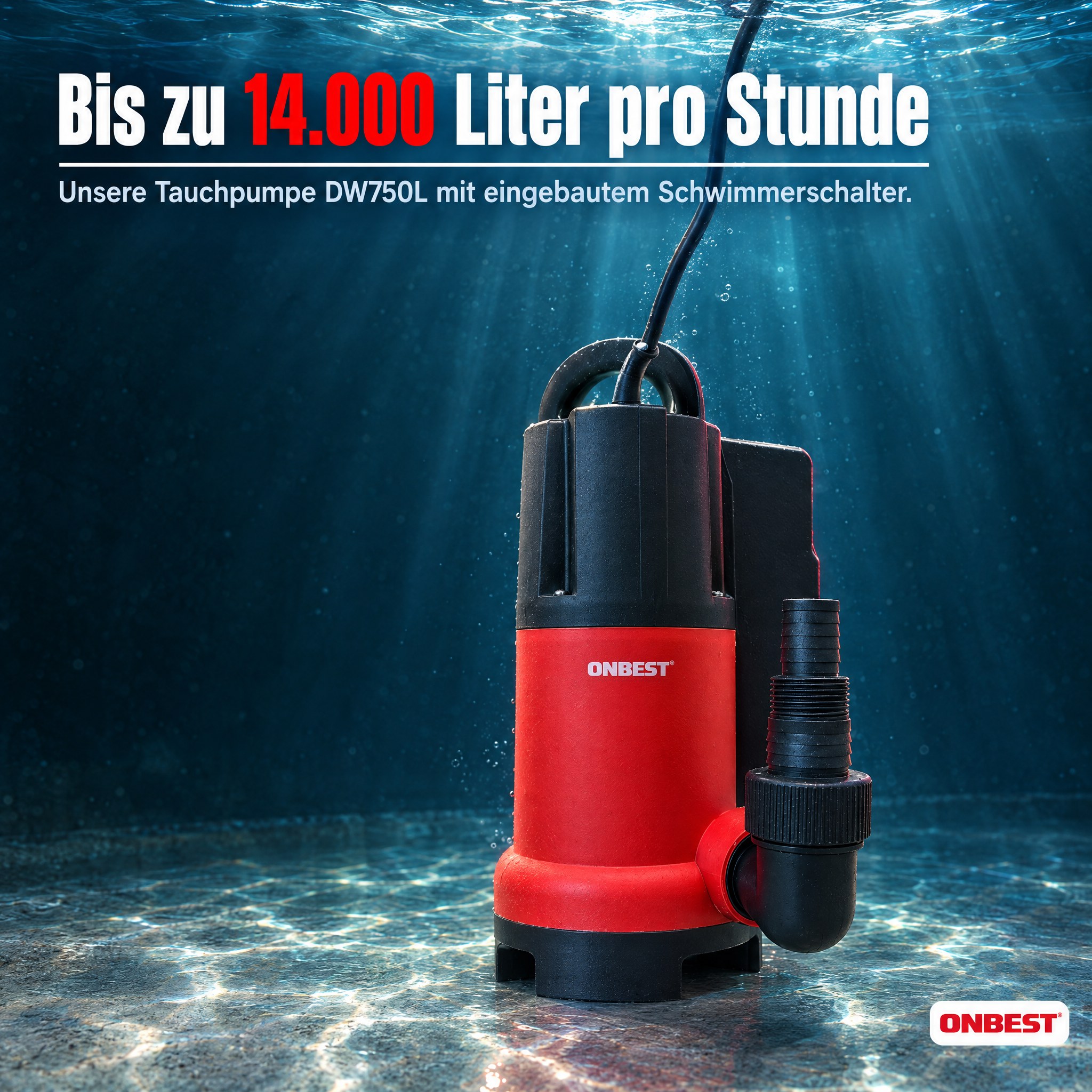 Tauchpumpe ONBEST DW750L: Leistungsstark mit eingebautem Schwimmerschalter (Dieses Bild wurde mit Hilfe von KI generiert.)