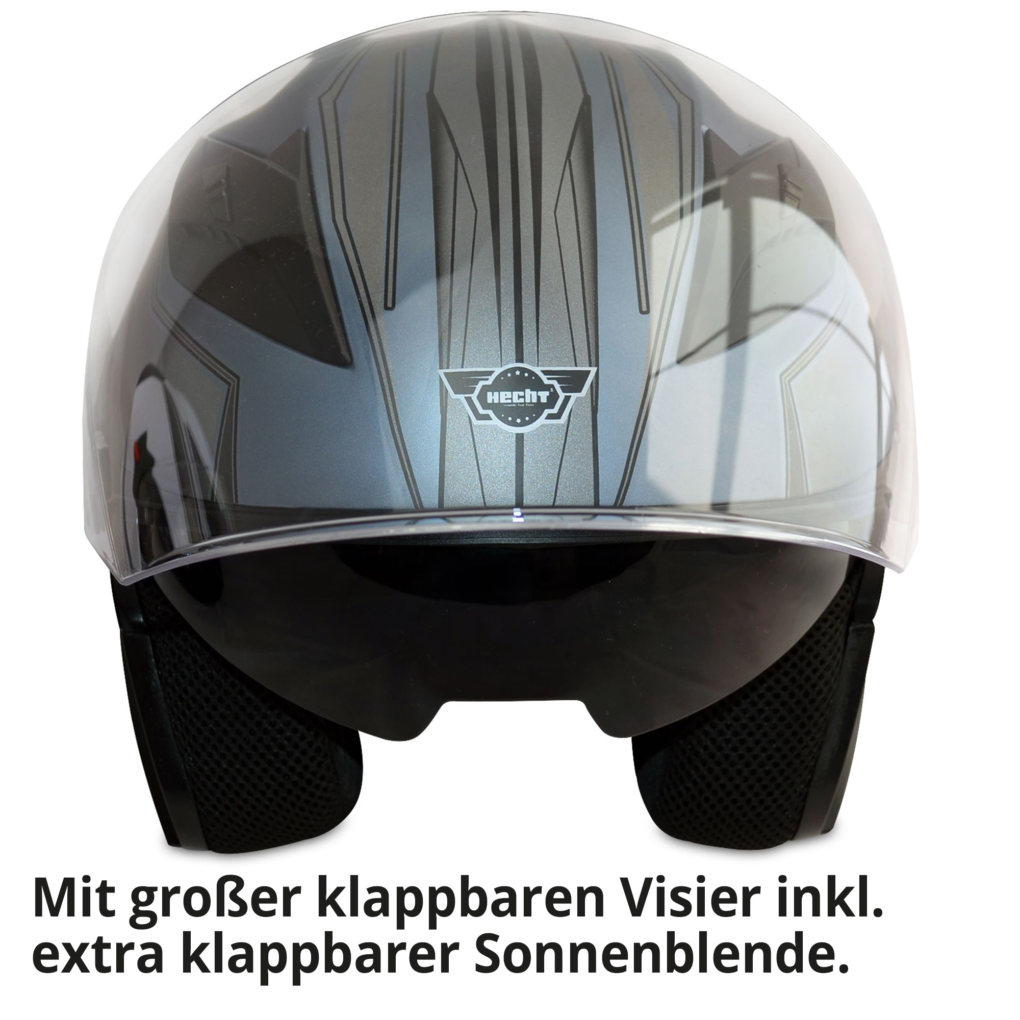 Motorradhelm; Großes klappbares Visier inklusive klappbarer Sonnenblende