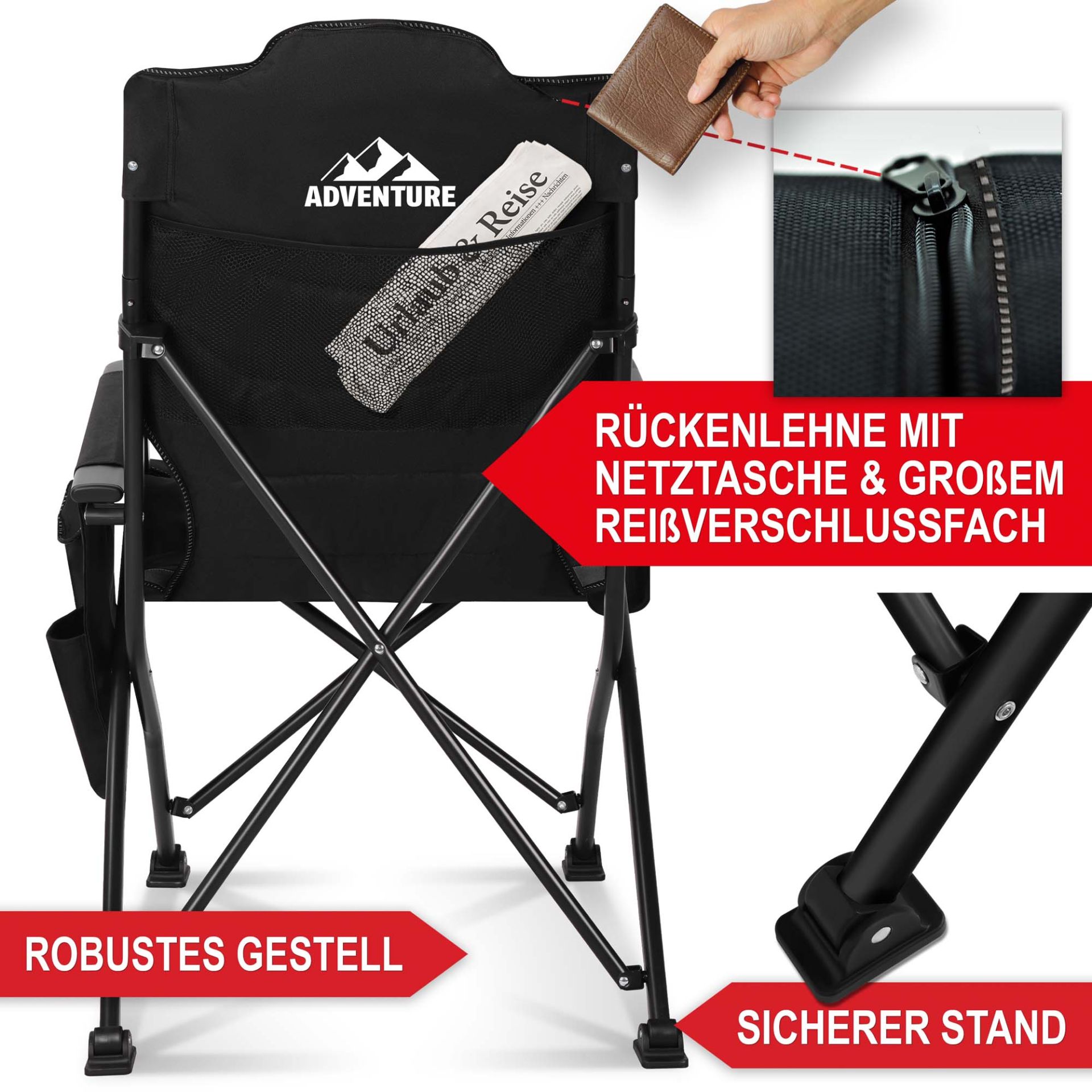 Campingstuhl schwarz/ grau - Rückenlehne mit Netztasche und großem Reißverschlussfach, robustes Gestell, sicherer Stand